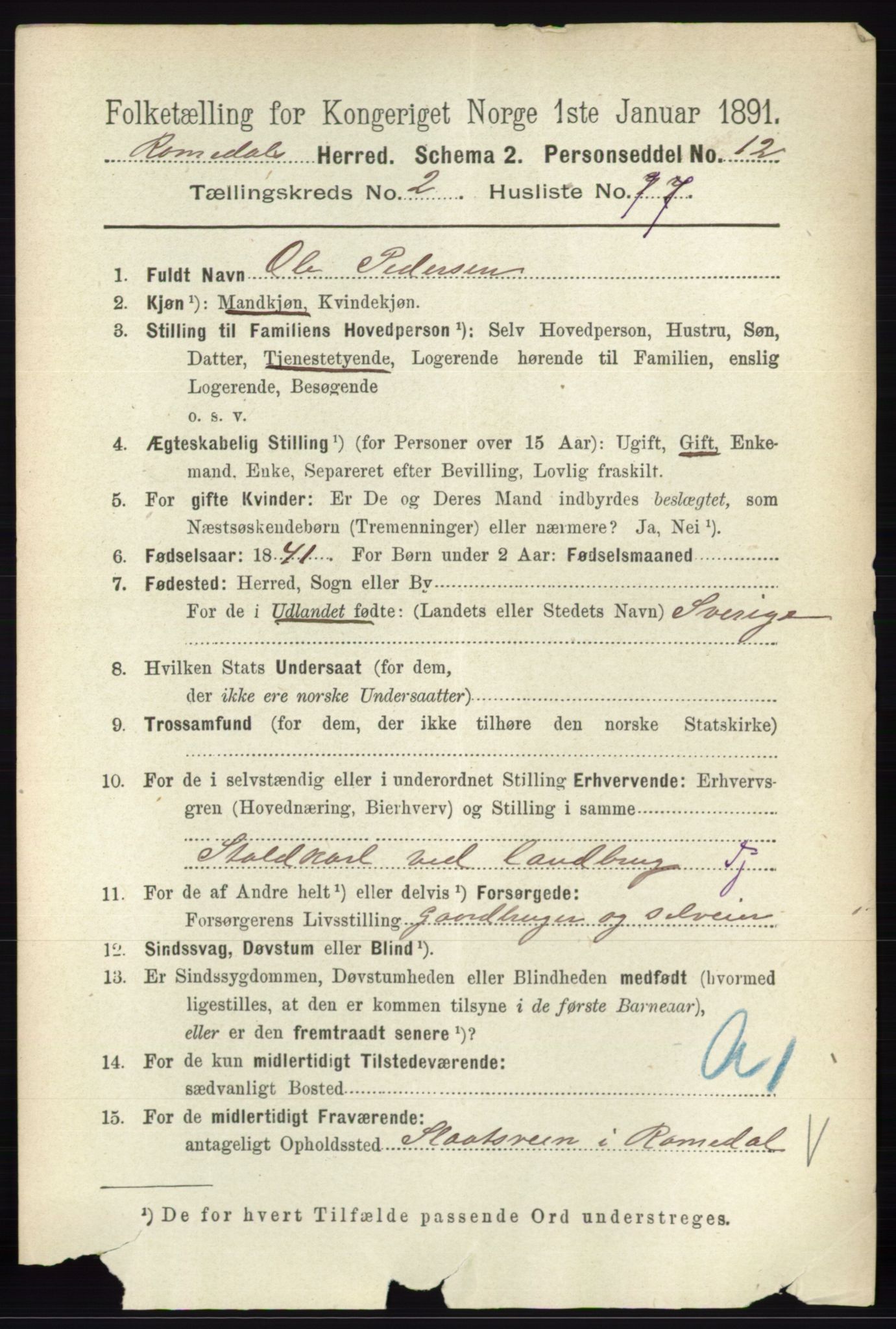 RA, 1891 census for 0416 Romedal, 1891, p. 1333