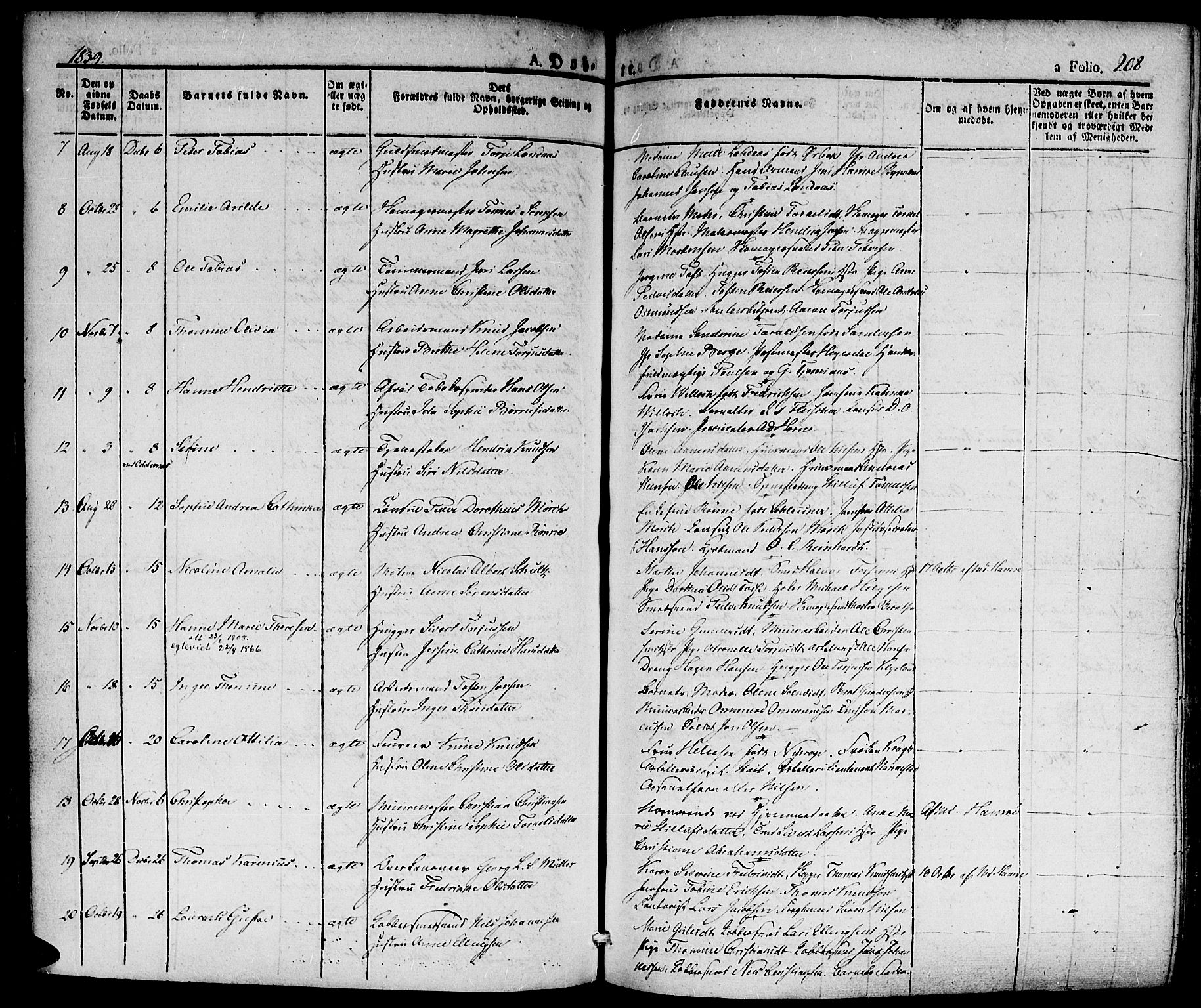 Kristiansand domprosti, SAK/1112-0006/F/Fa/L0011: Parish register (official) no. A 11, 1827-1841, p. 208