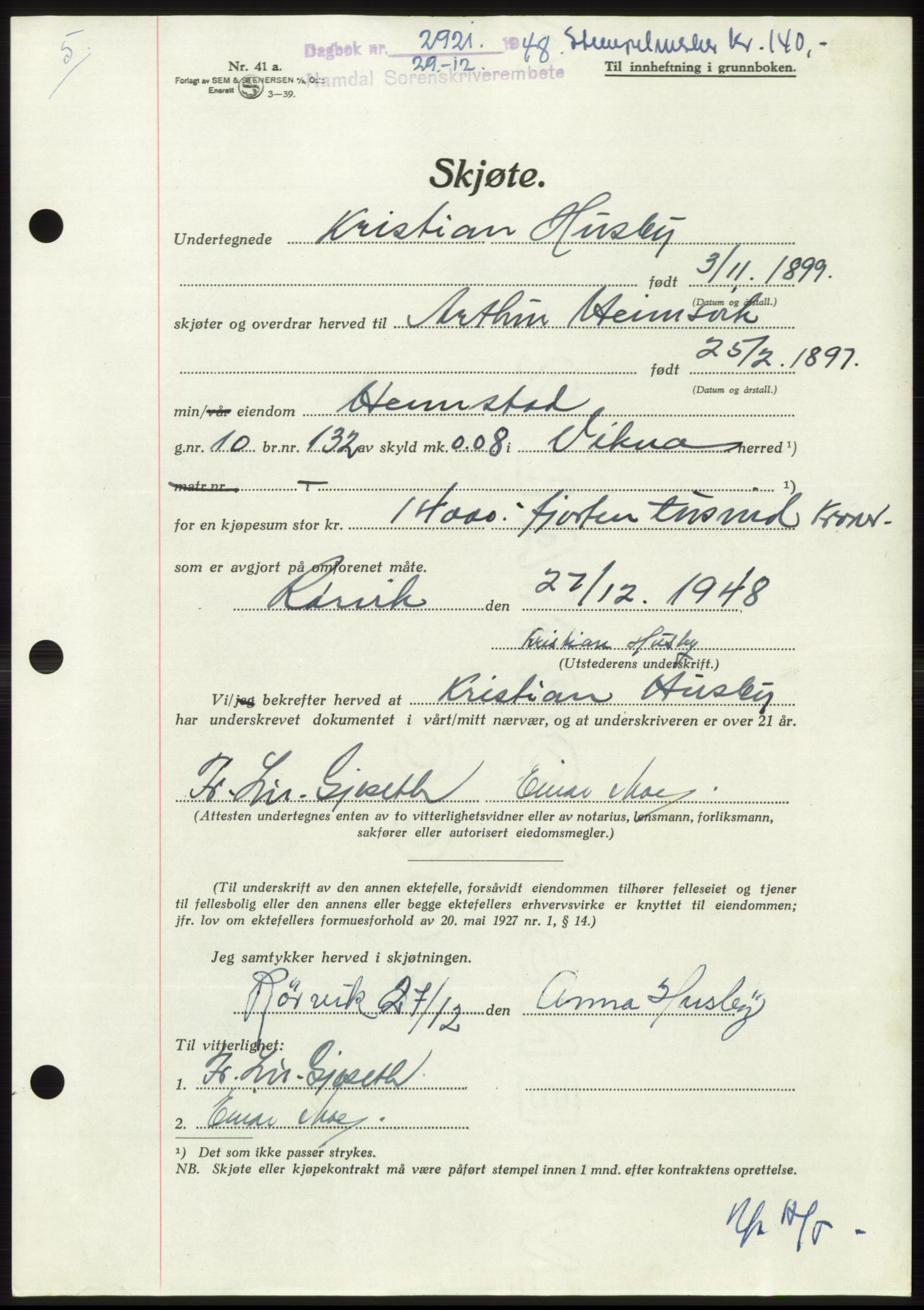 Namdal sorenskriveri, AV/SAT-A-4133/1/2/2C: Mortgage book no. -, 1948-1948, Diary no: : 2921/1948