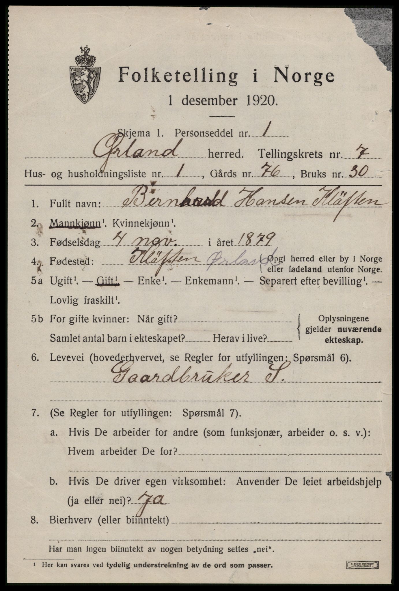 SAT, 1920 census for Ørland, 1920, p. 6093