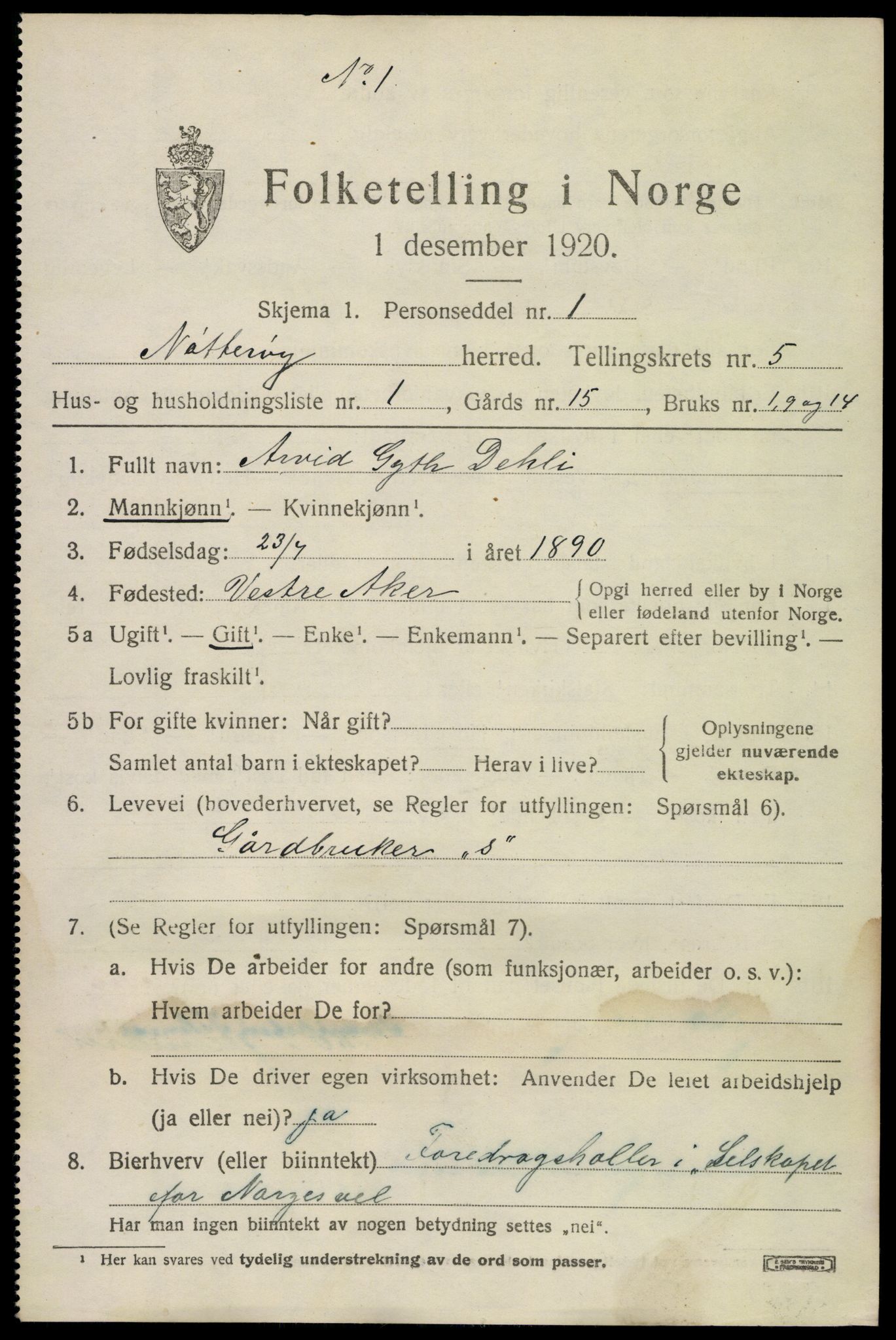 SAKO, 1920 census for Nøtterøy, 1920, p. 7567