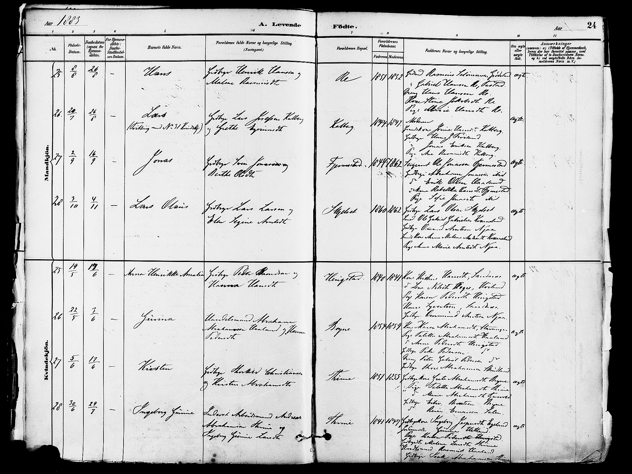 Lye sokneprestkontor, AV/SAST-A-101794/001/30BA/L0009: Parish register (official) no. A 8, 1881-1892, p. 24