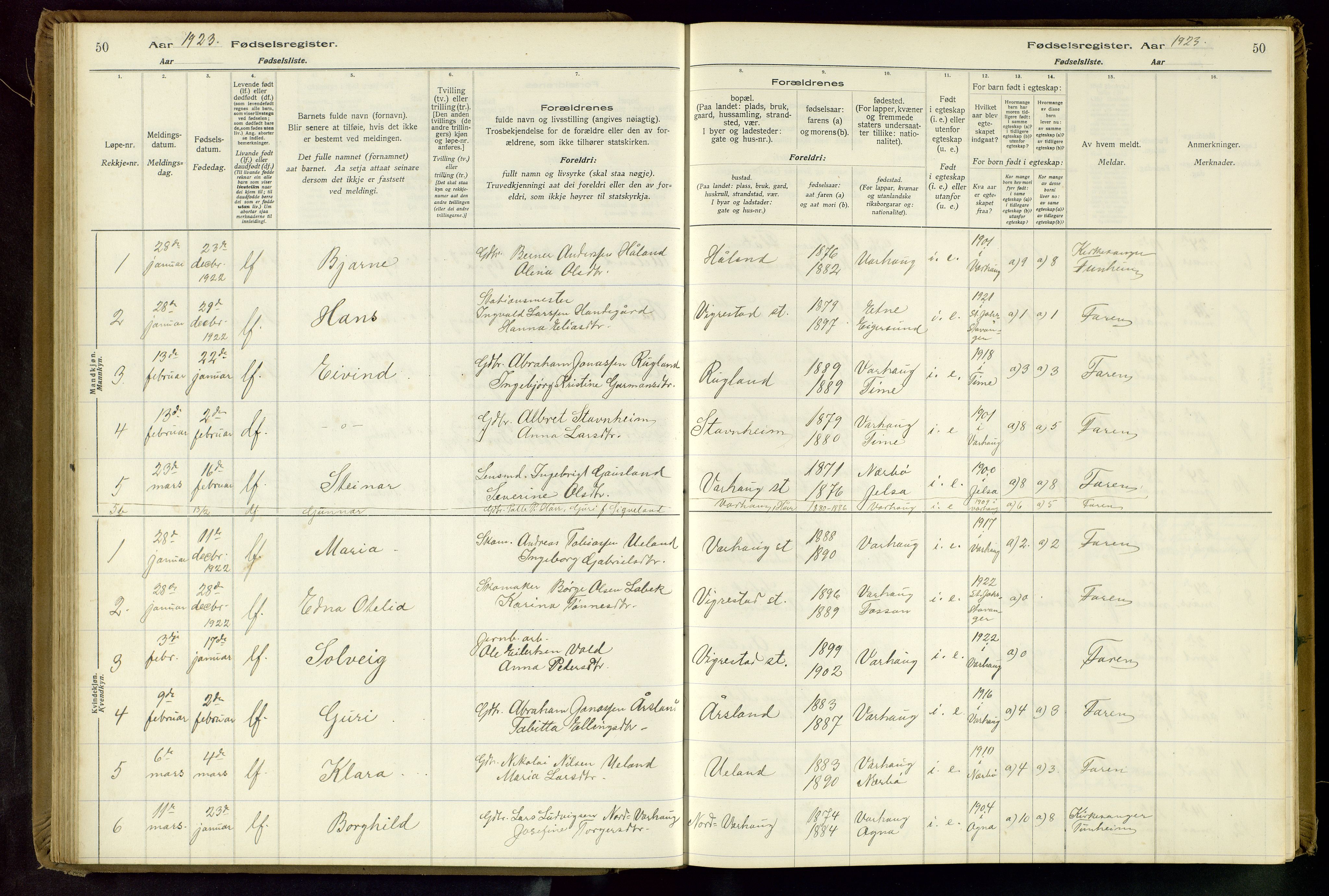 Hå sokneprestkontor, SAST/A-101801/001/704BA/L0001: Birth register no. 1, 1916-1944, p. 50
