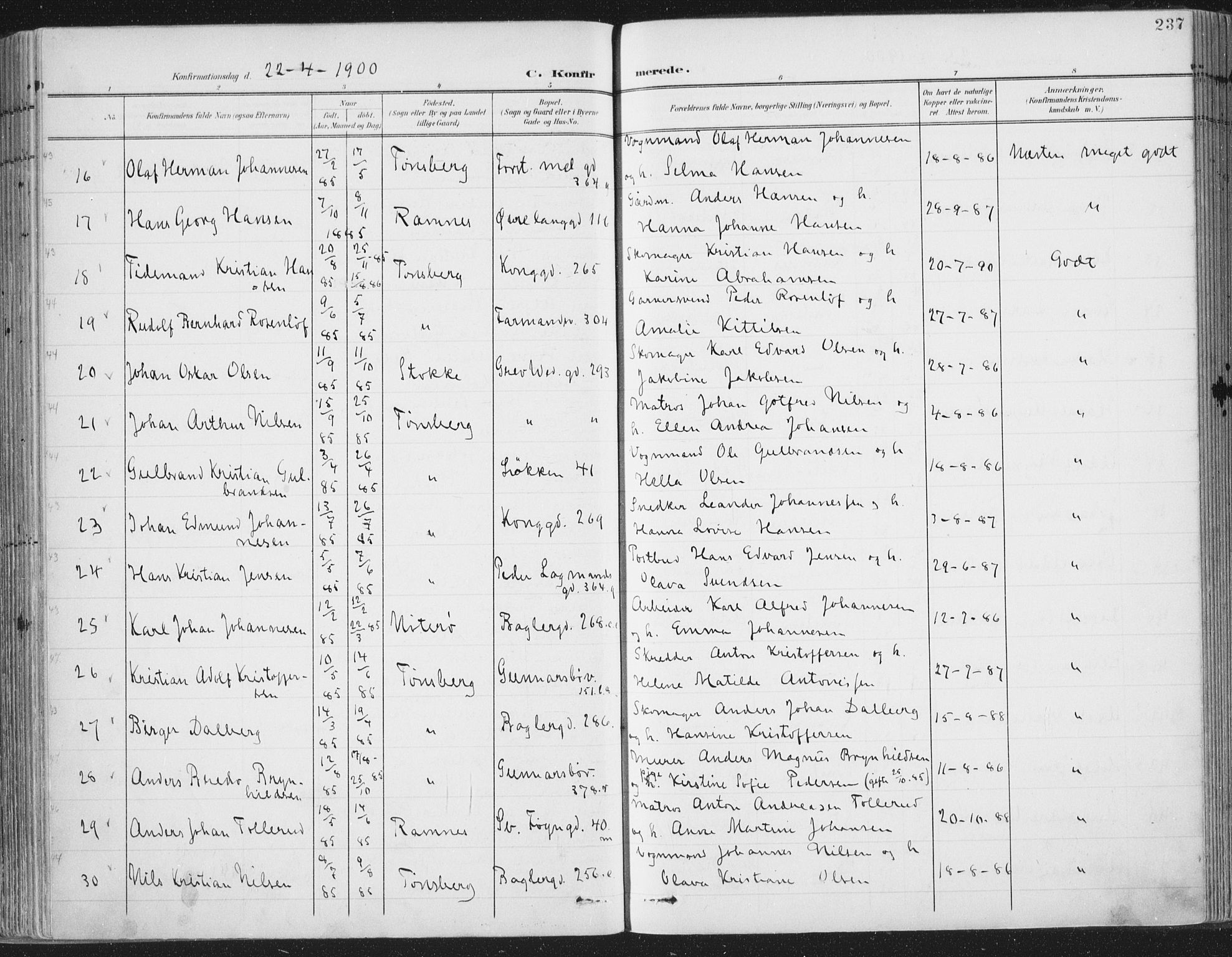 Tønsberg kirkebøker, AV/SAKO-A-330/F/Fa/L0014: Parish register (official) no. I 14, 1900-1913, p. 237