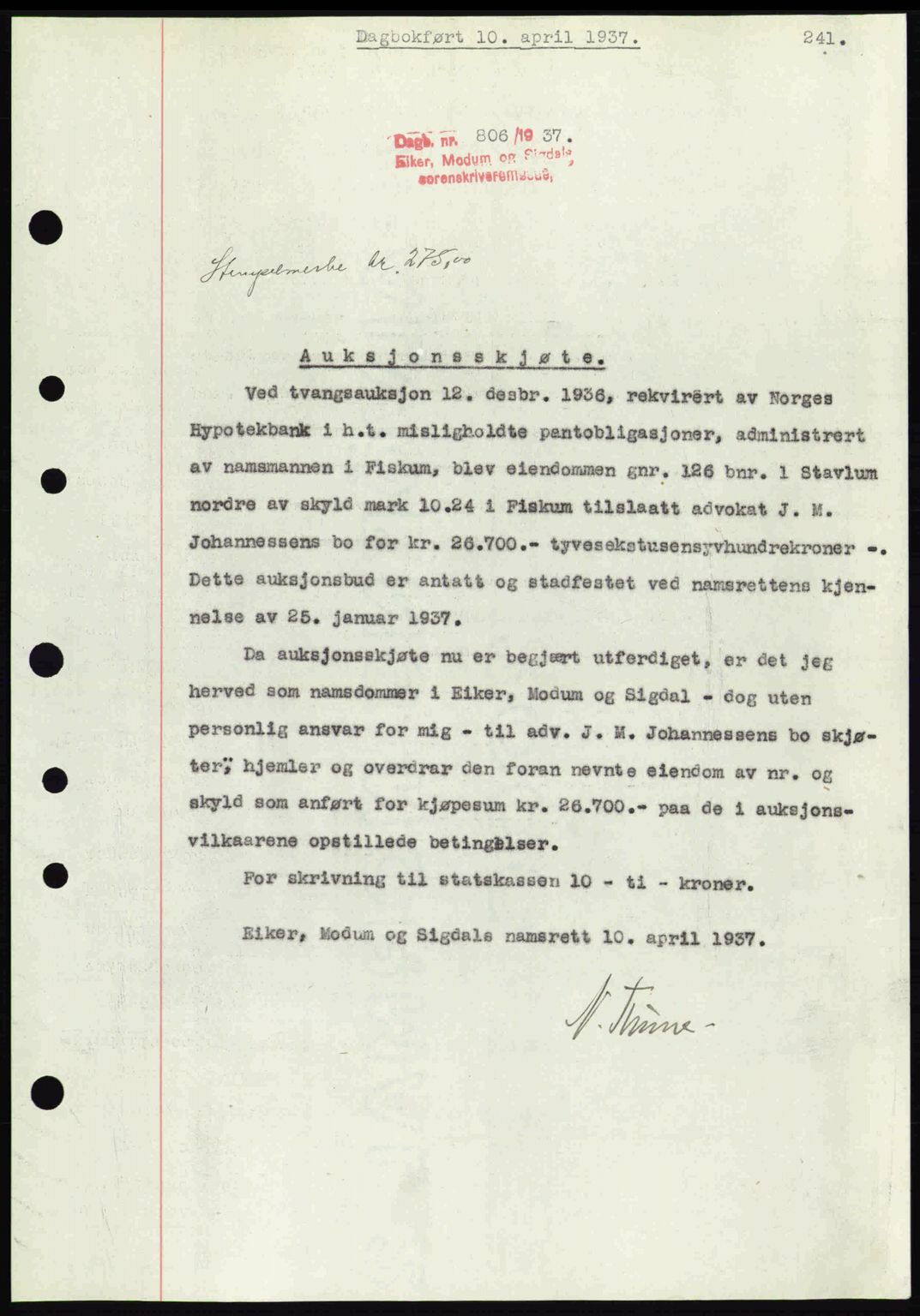 Eiker, Modum og Sigdal sorenskriveri, SAKO/A-123/G/Ga/Gab/L0035: Mortgage book no. A5, 1937-1937, Diary no: : 806/1937
