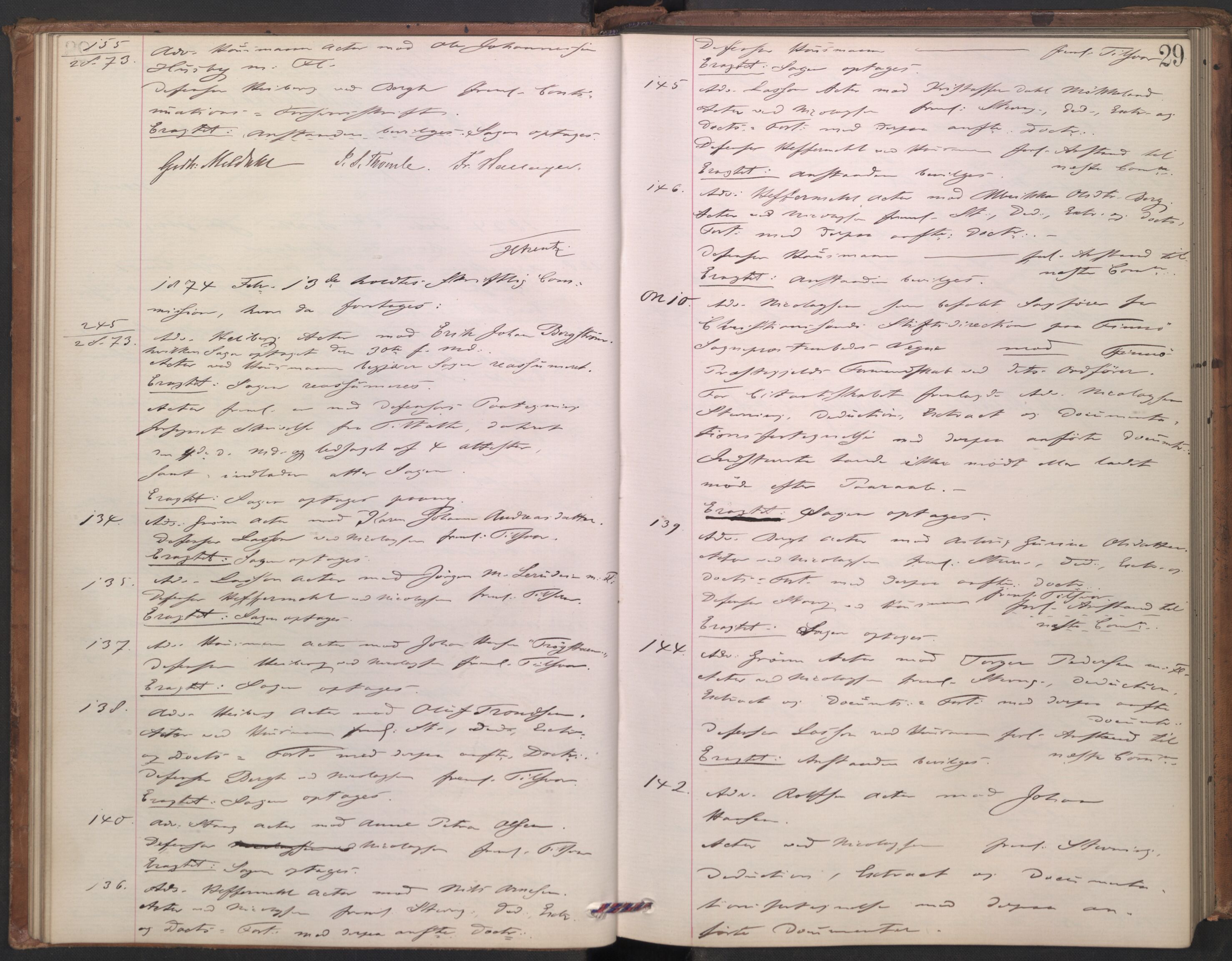 Høyesterett, AV/RA-S-1002/E/Ef/L0013: Protokoll over saker som gikk til skriftlig behandling, 1873-1879, p. 28b-29a