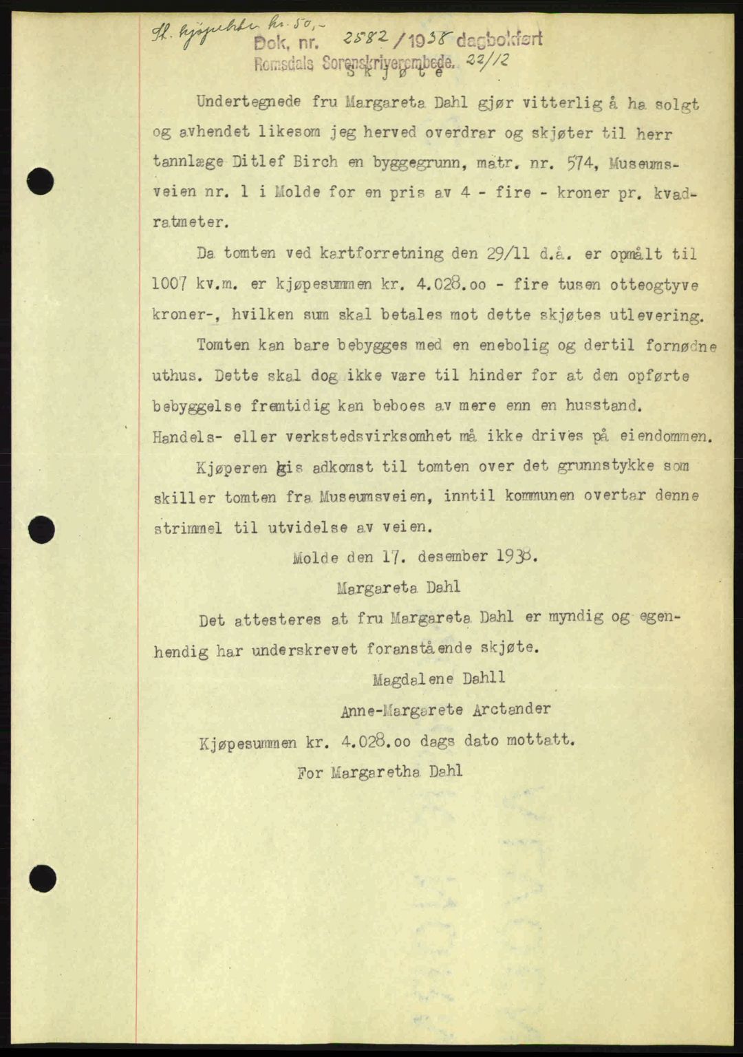 Romsdal sorenskriveri, AV/SAT-A-4149/1/2/2C: Mortgage book no. A6, 1938-1939, Diary no: : 2582/1938