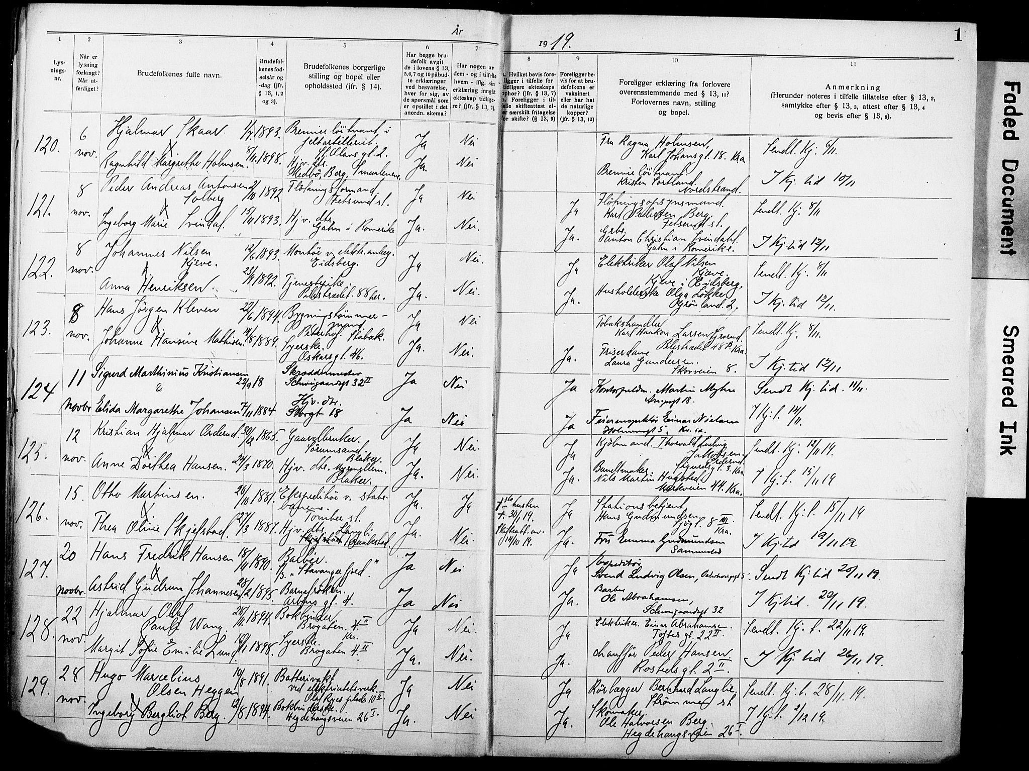 Oslo domkirke Kirkebøker, SAO/A-10752/H/Ha/L0006: Banns register no. 6, 1919-1928, p. 1