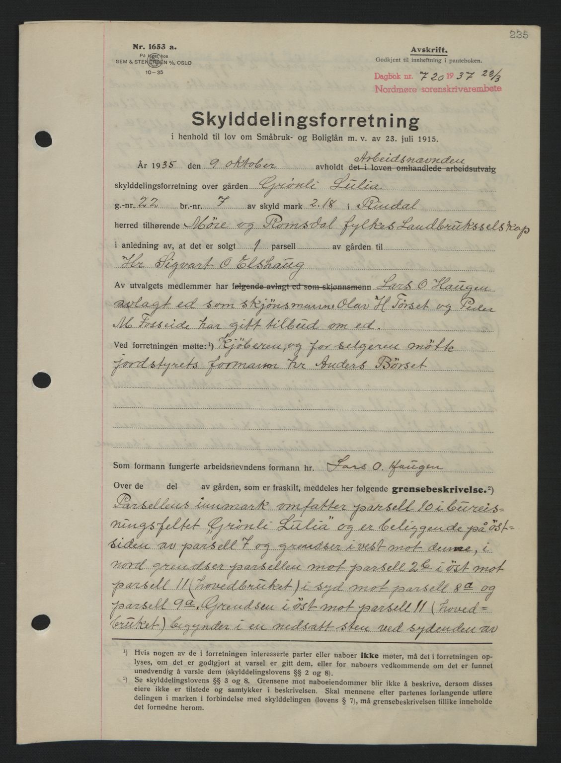 Nordmøre sorenskriveri, AV/SAT-A-4132/1/2/2Ca: Mortgage book no. A81, 1937-1937, Diary no: : 720/1937