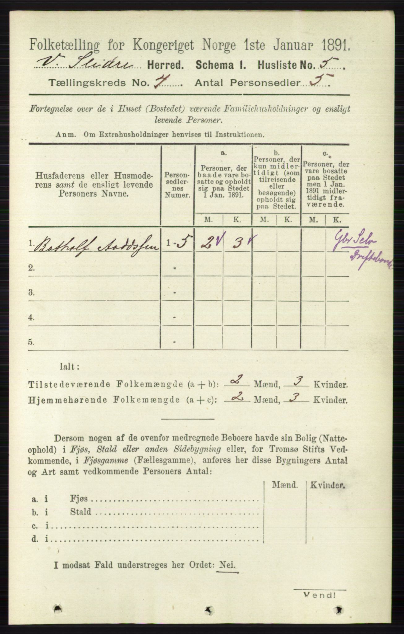 RA, 1891 census for 0543 Vestre Slidre, 1891, p. 1182