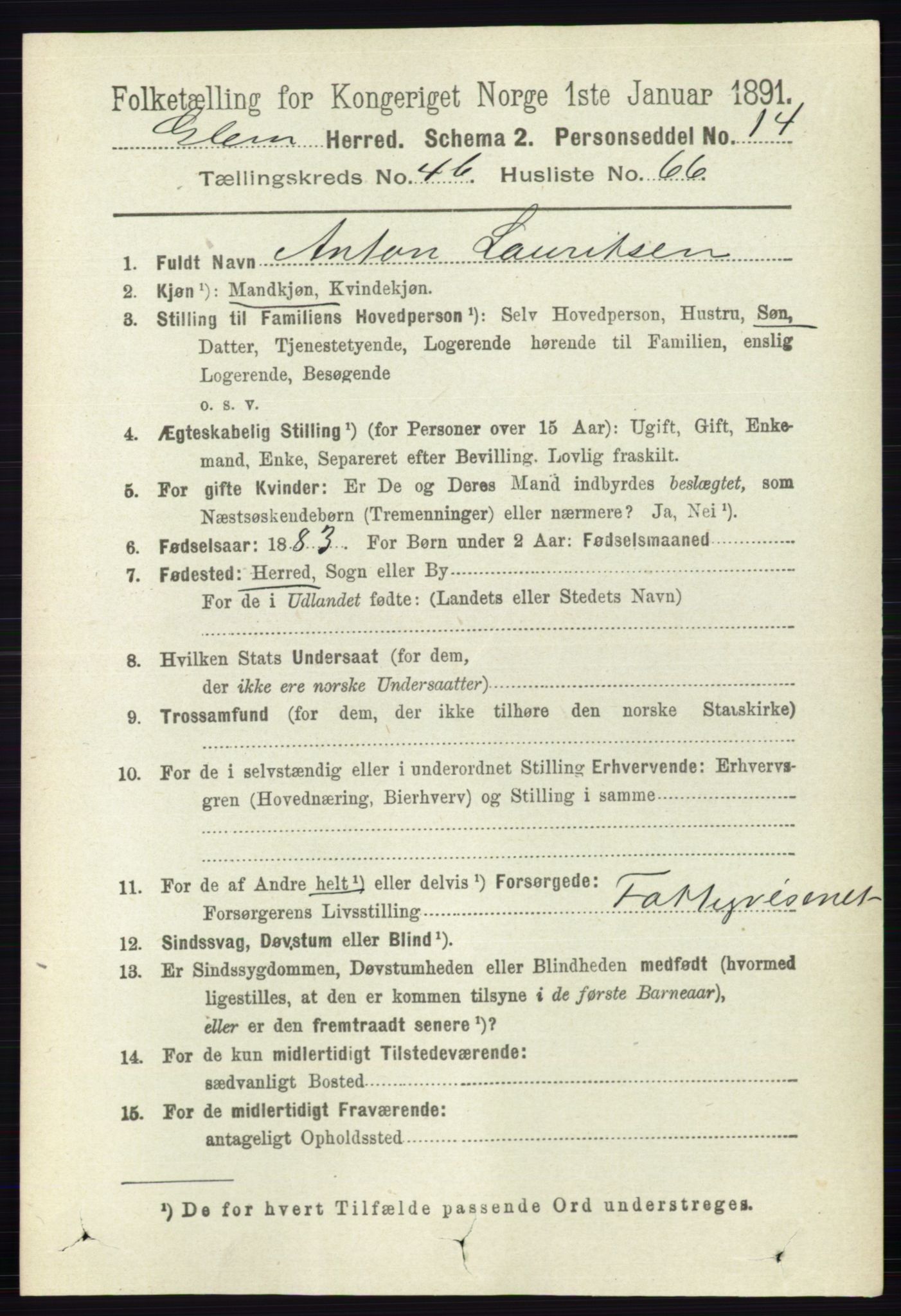 RA, 1891 census for 0132 Glemmen, 1891, p. 5562