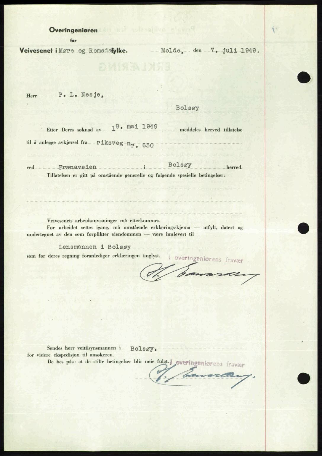 Romsdal sorenskriveri, AV/SAT-A-4149/1/2/2C: Mortgage book no. A30, 1949-1949, Diary no: : 2105/1949