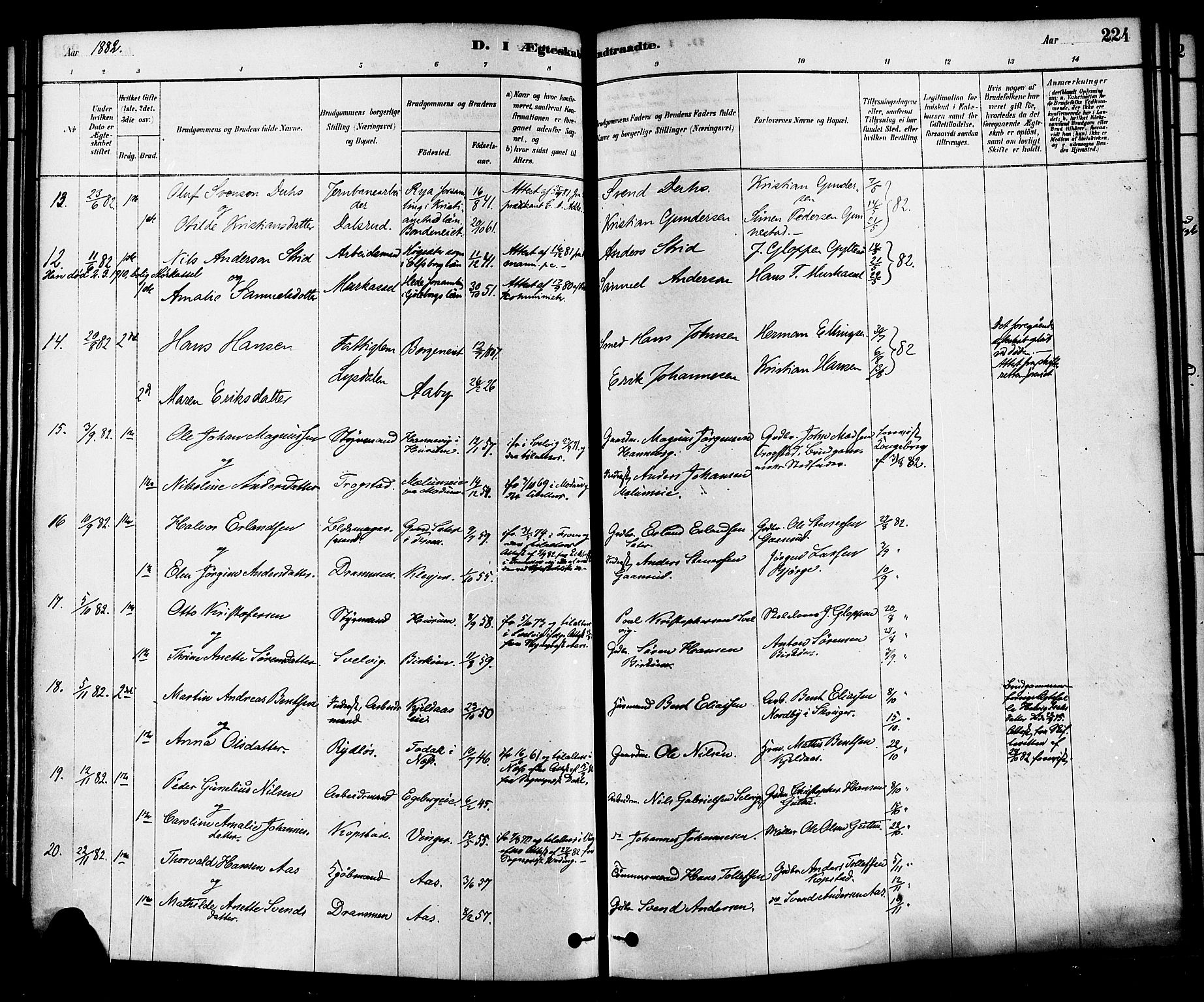 Sande Kirkebøker, AV/SAKO-A-53/F/Fa/L0006: Parish register (official) no. 6, 1878-1888, p. 224