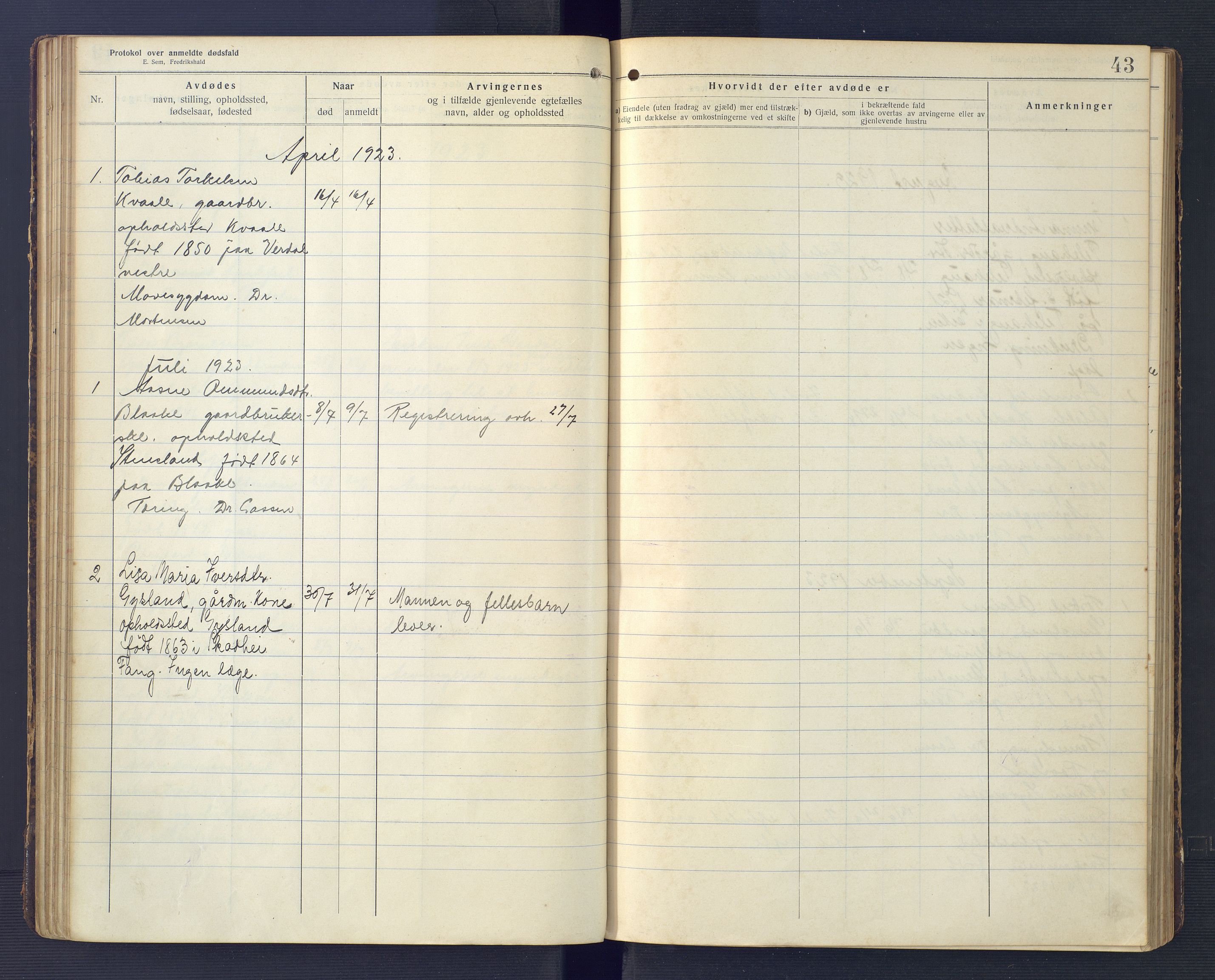 Hægebostad og Eiken lensmannskontor, SAK/1241-0023/F/Fe/L0002: Dødsfallsprotokoll nr 34, 1917-1932, p. 43