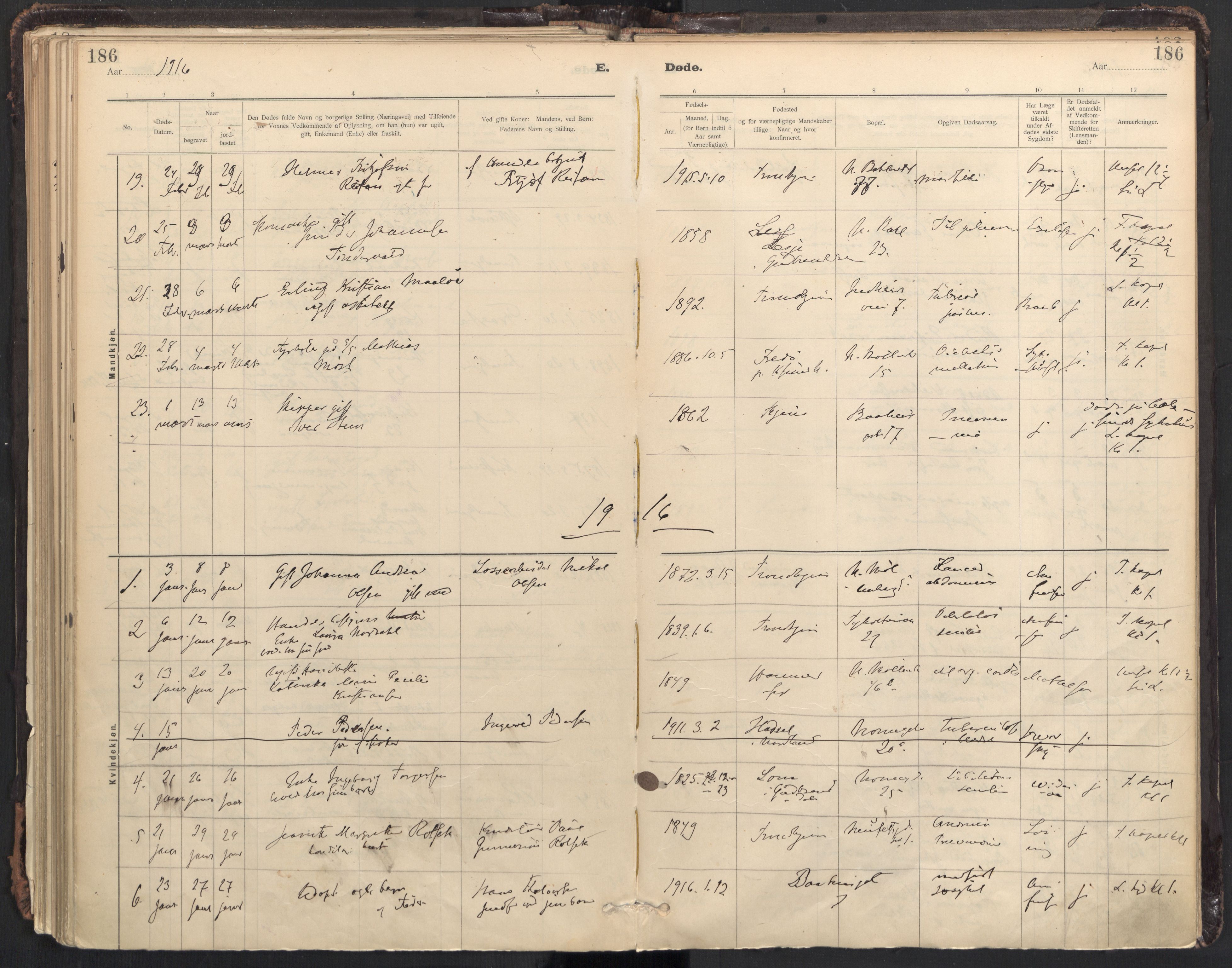 Ministerialprotokoller, klokkerbøker og fødselsregistre - Sør-Trøndelag, SAT/A-1456/604/L0204: Parish register (official) no. 604A24, 1911-1920, p. 186