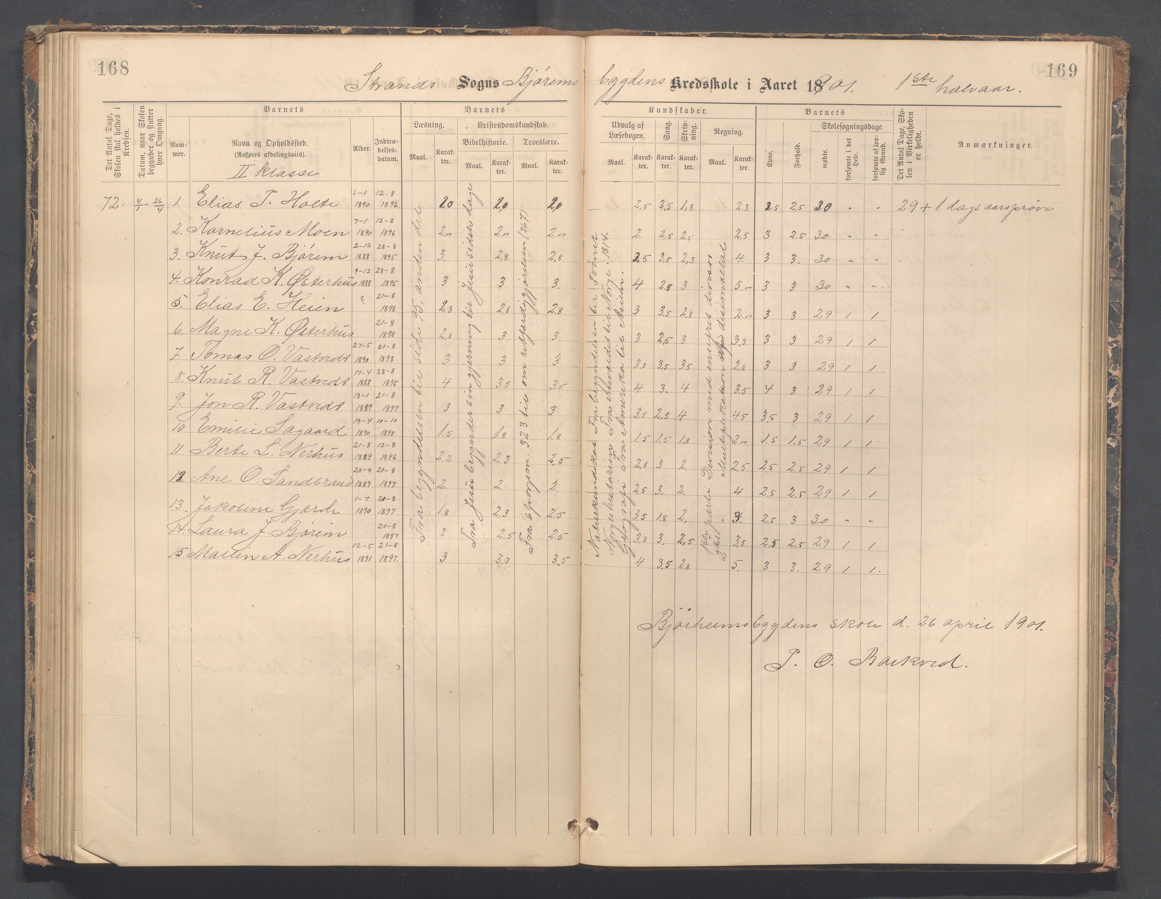 Strand kommune - Bjørheimsbygd skole, IKAR/A-147/H/L0002: Skoleprotokoll for Bjørheimsbygd og Lekvam krets, 1891-1907, p. 168-169