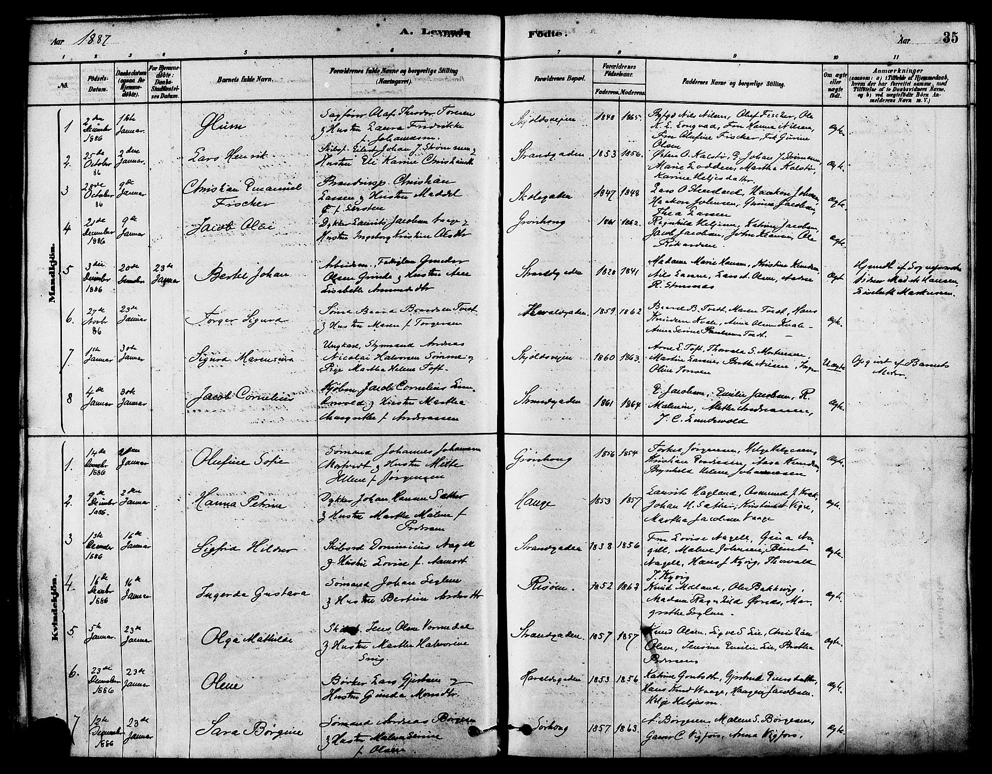 Haugesund sokneprestkontor, AV/SAST-A -101863/H/Ha/Haa/L0003: Parish register (official) no. A 3, 1885-1890, p. 35