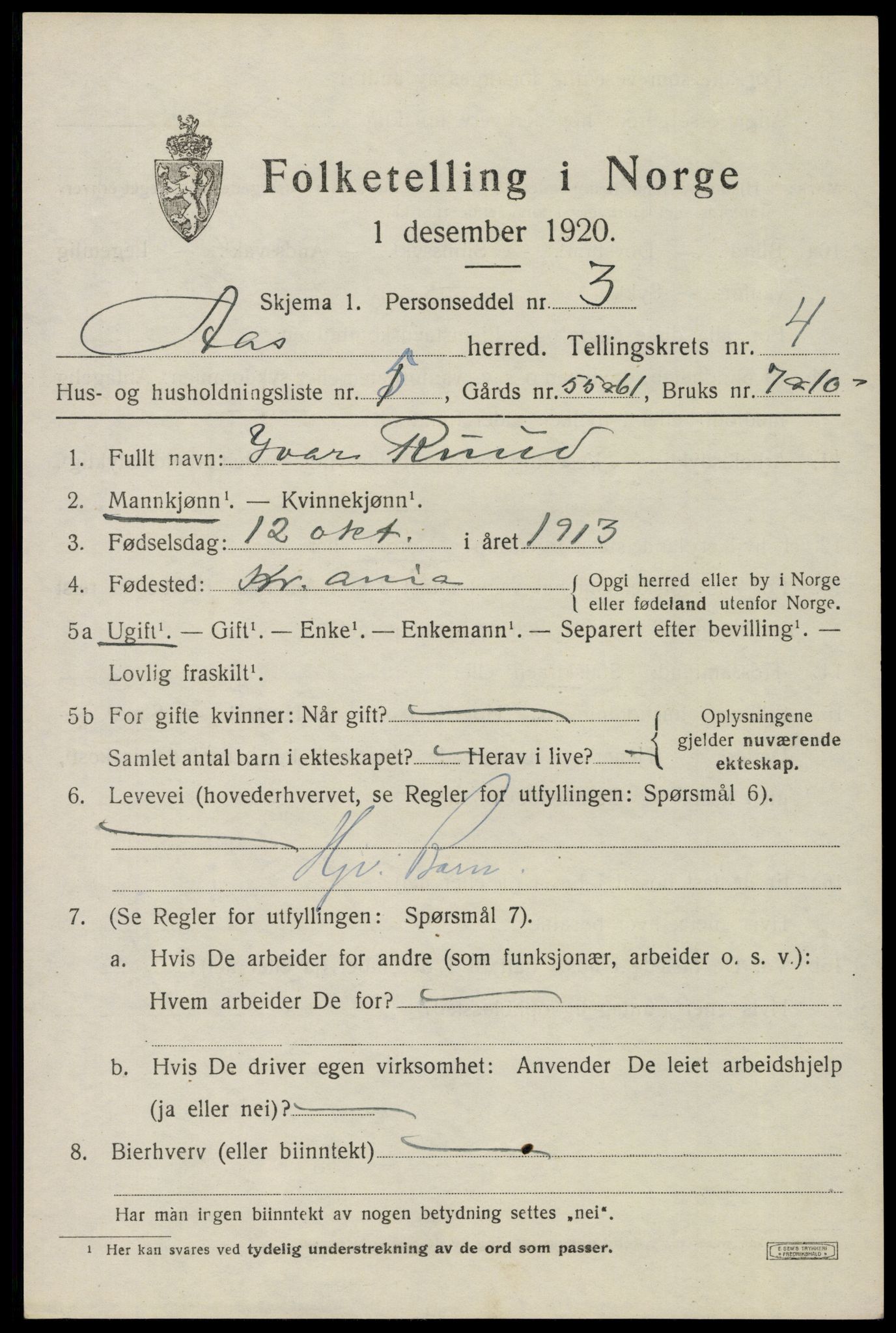 SAO, 1920 census for Ås, 1920, p. 4874