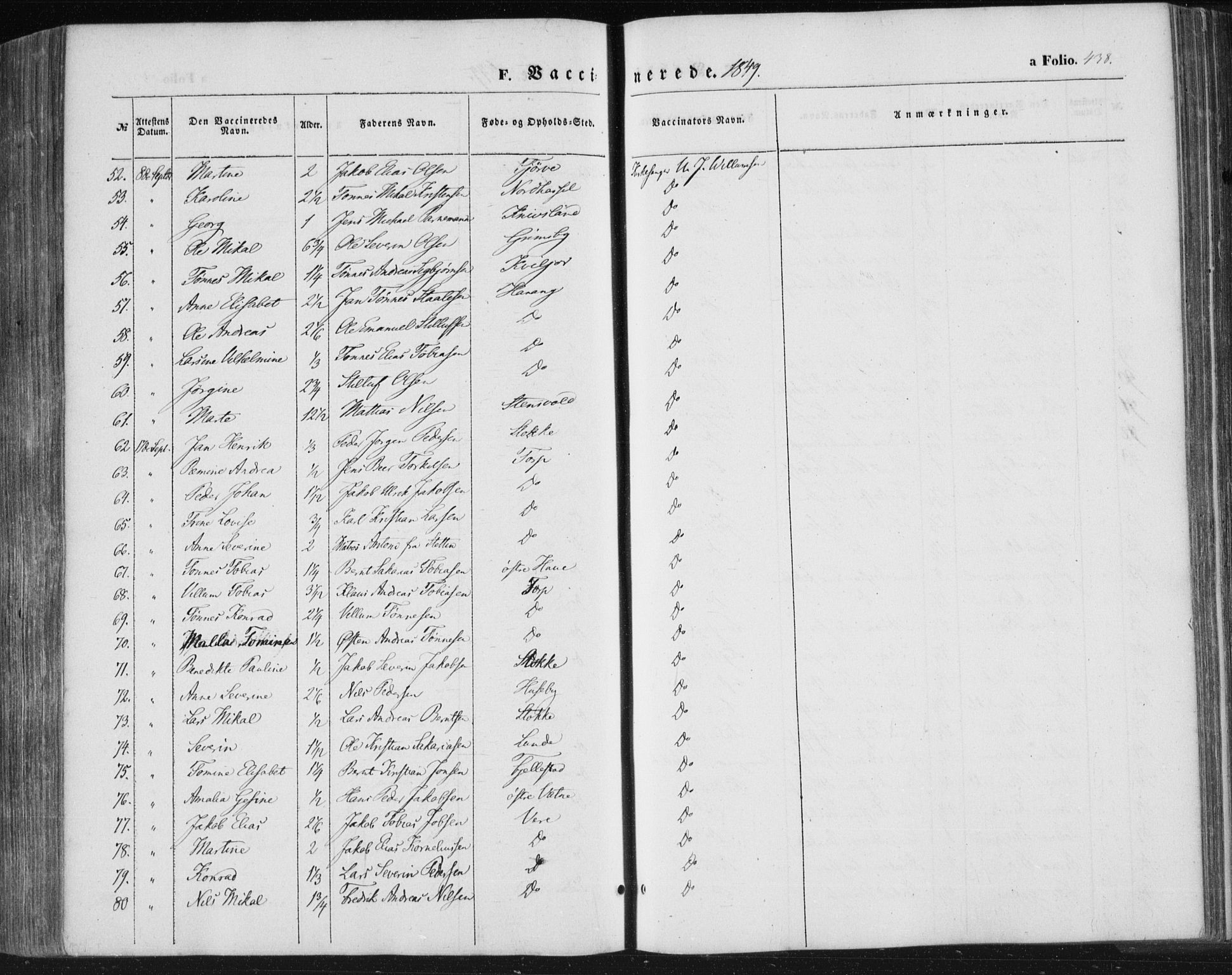 Lista sokneprestkontor, SAK/1111-0027/F/Fa/L0010: Parish register (official) no. A 10, 1846-1861, p. 438