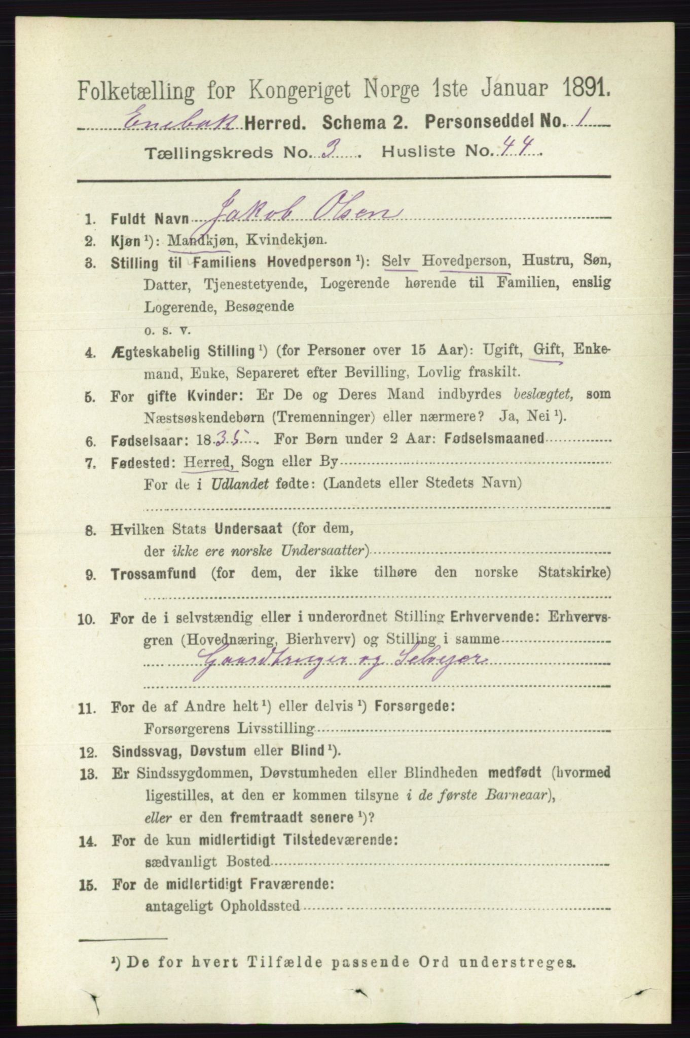 RA, 1891 census for 0229 Enebakk, 1891, p. 1396