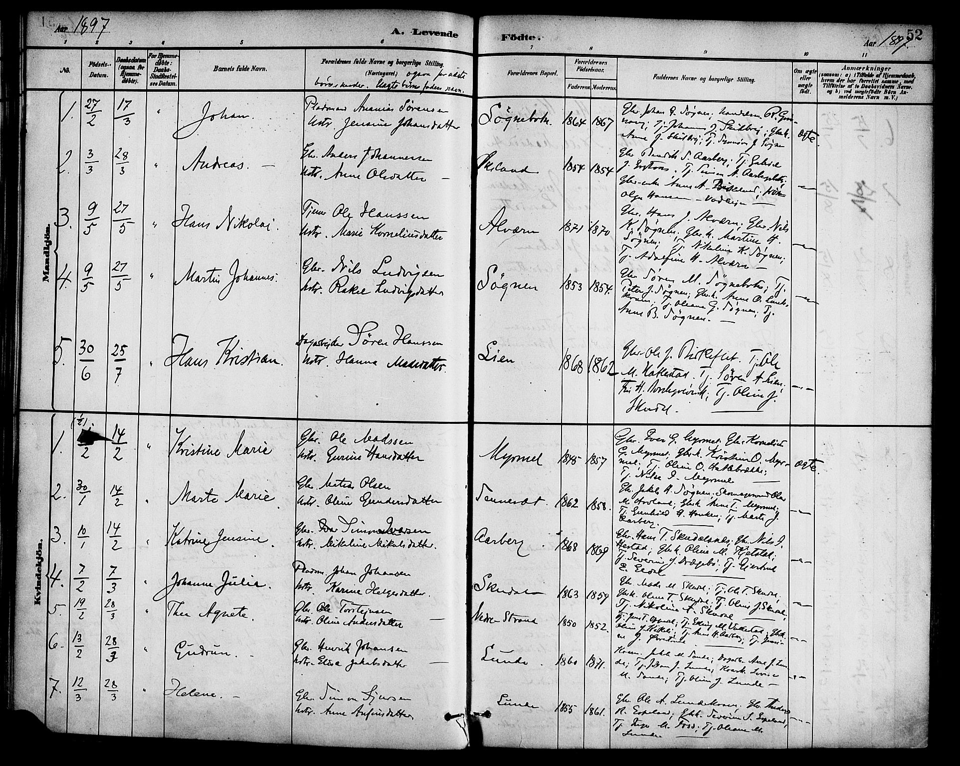 Gaular sokneprestembete, SAB/A-80001/H/Haa: Parish register (official) no. B 1, 1882-1897, p. 52