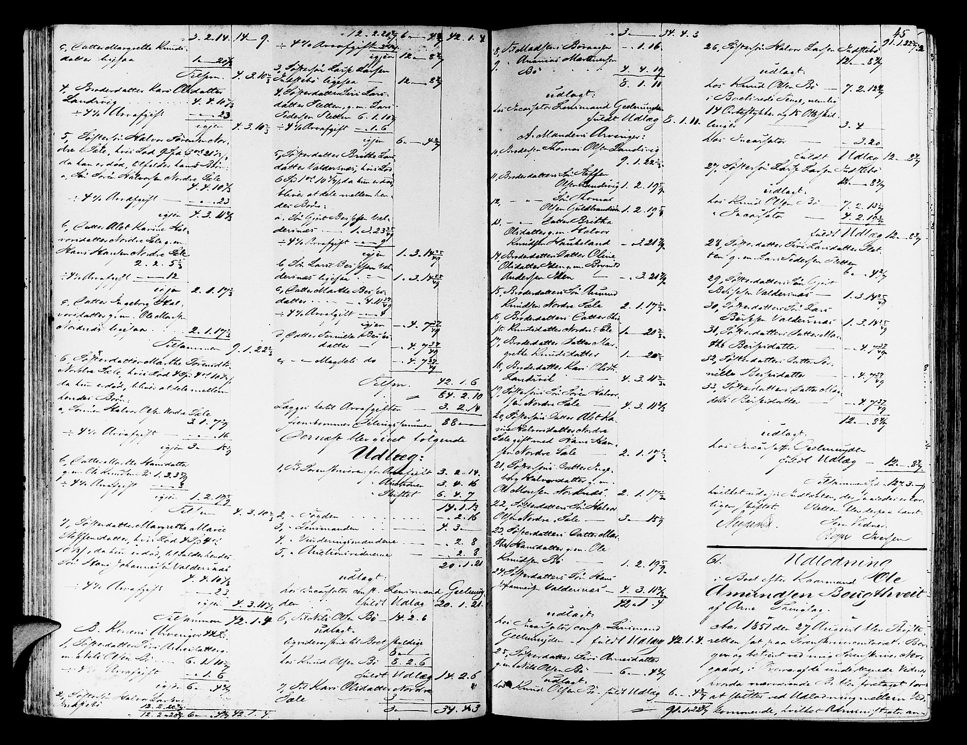 Nordhordland sorenskrivar, AV/SAB-A-2901/1/H/Hd/Hda/L0005: Skifteutlodningsprotokollar, 1851-1857, p. 44b-45a