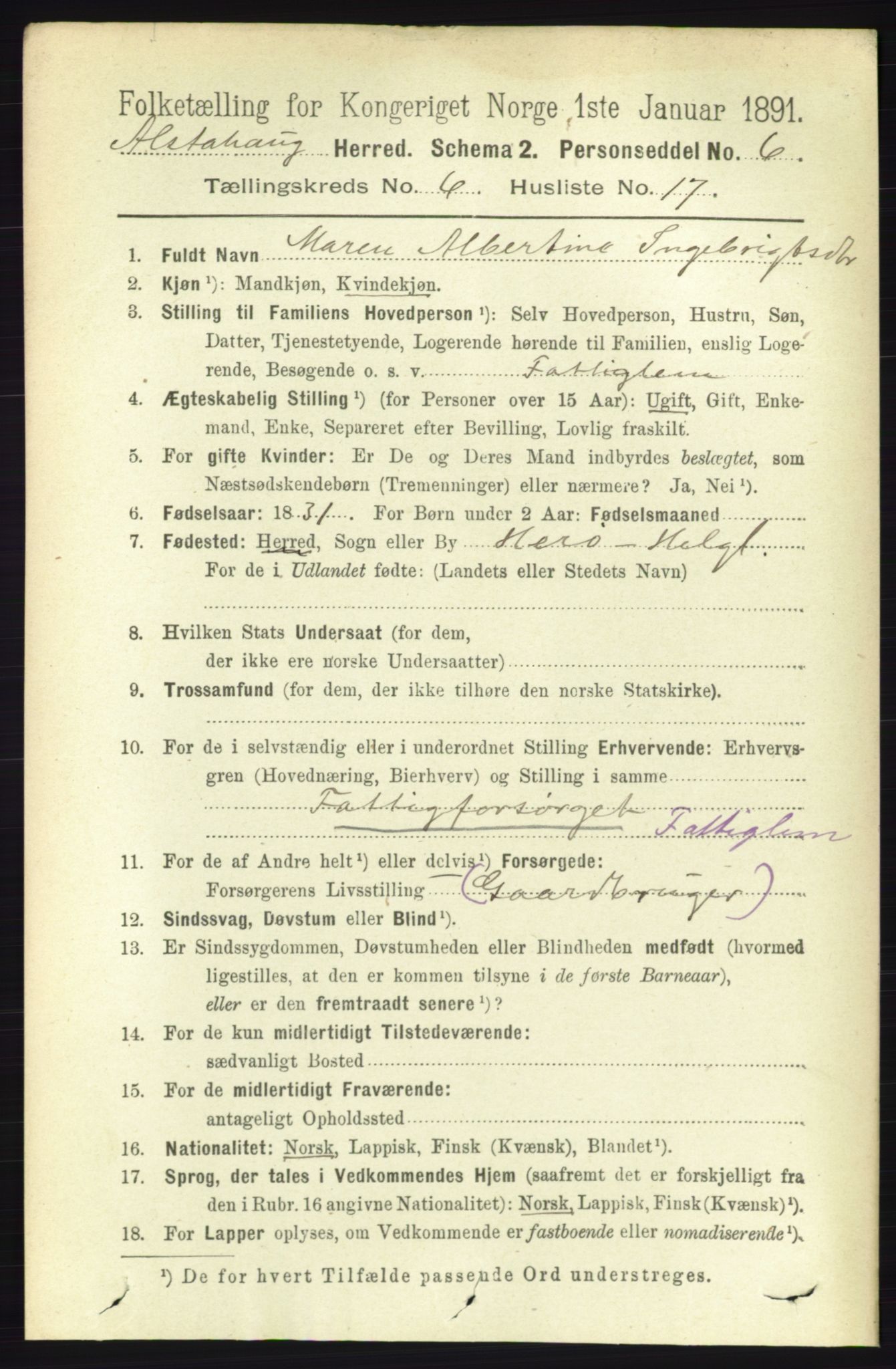 RA, 1891 census for 1820 Alstahaug, 1891, p. 2211