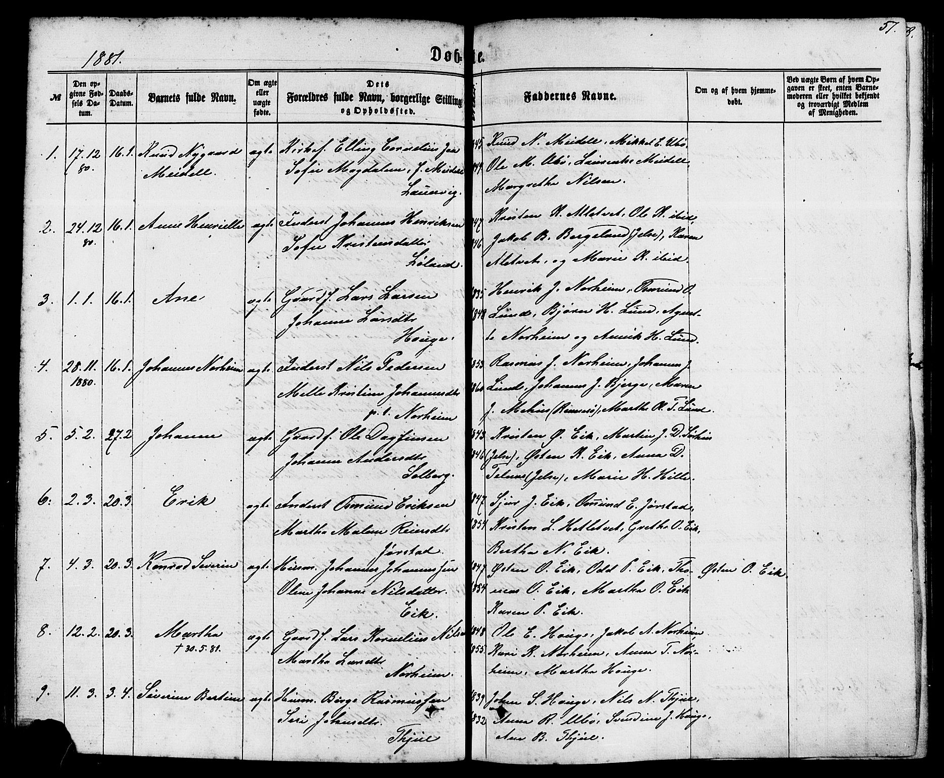 Nedstrand sokneprestkontor, AV/SAST-A-101841/01/IV: Parish register (official) no. A 10, 1861-1887, p. 57