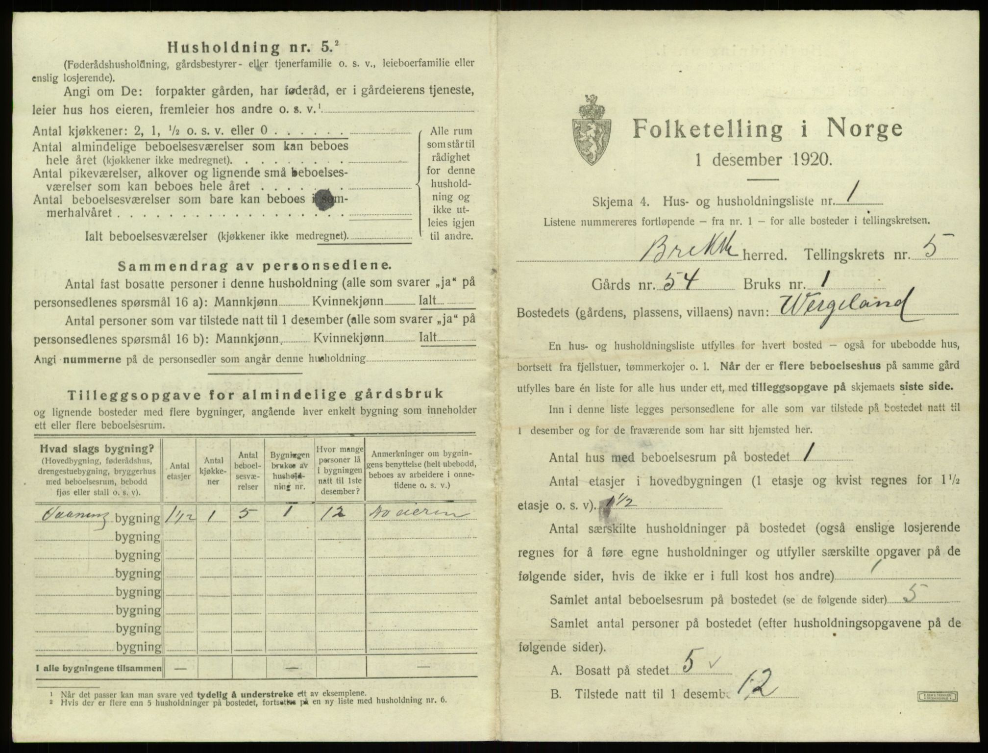 SAB, 1920 census for Brekke, 1920, p. 147