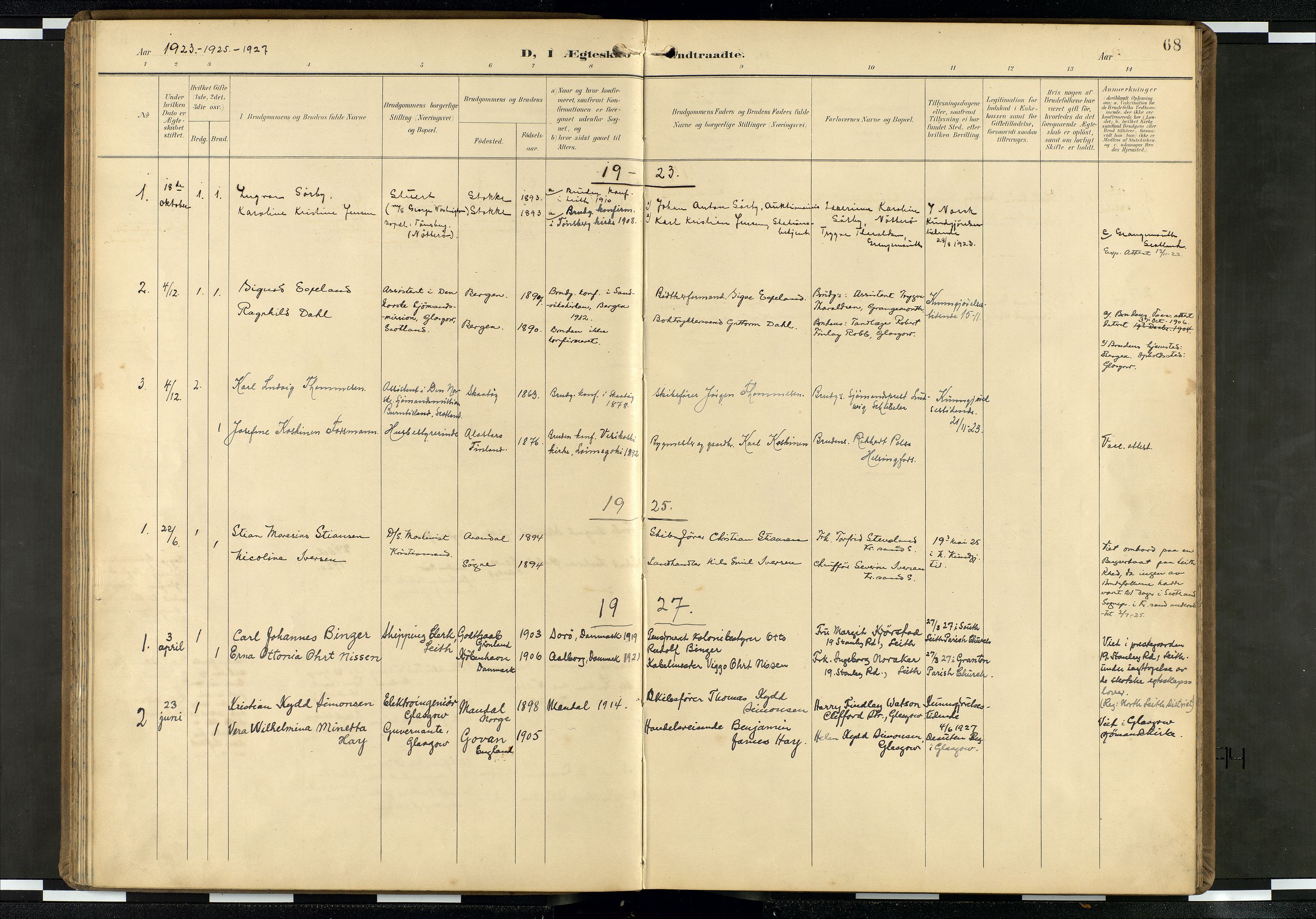Den norske sjømannsmisjon i utlandet/Skotske havner (Leith, Glasgow), SAB/SAB/PA-0100/H/Ha/Haa/L0004: Parish register (official) no. A 4, 1899-1949, p. 67b-68a