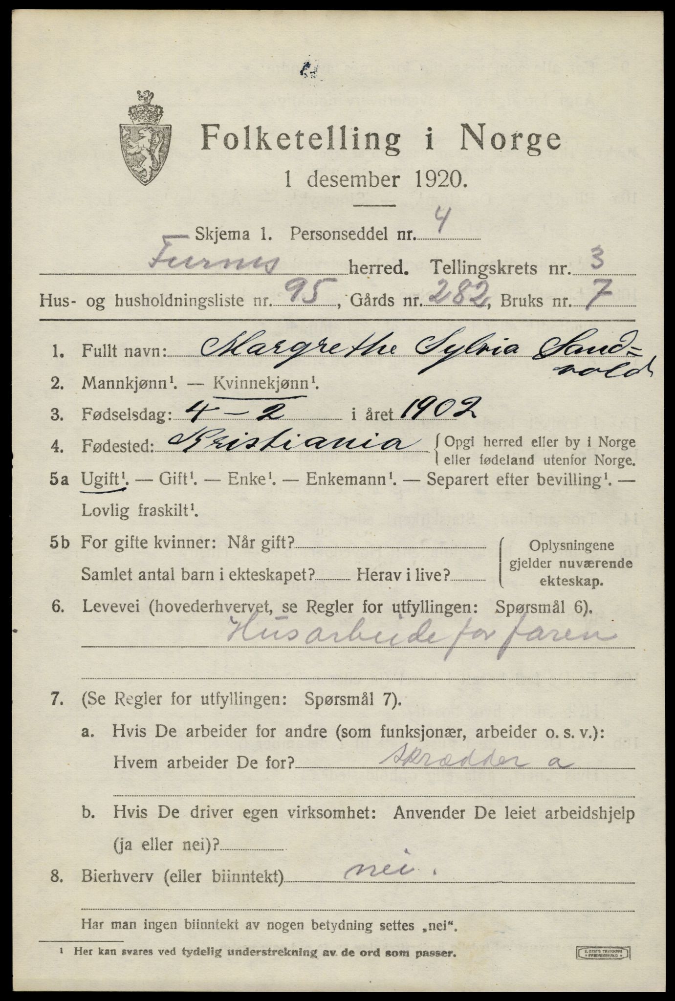 SAH, 1920 census for Furnes, 1920, p. 5729