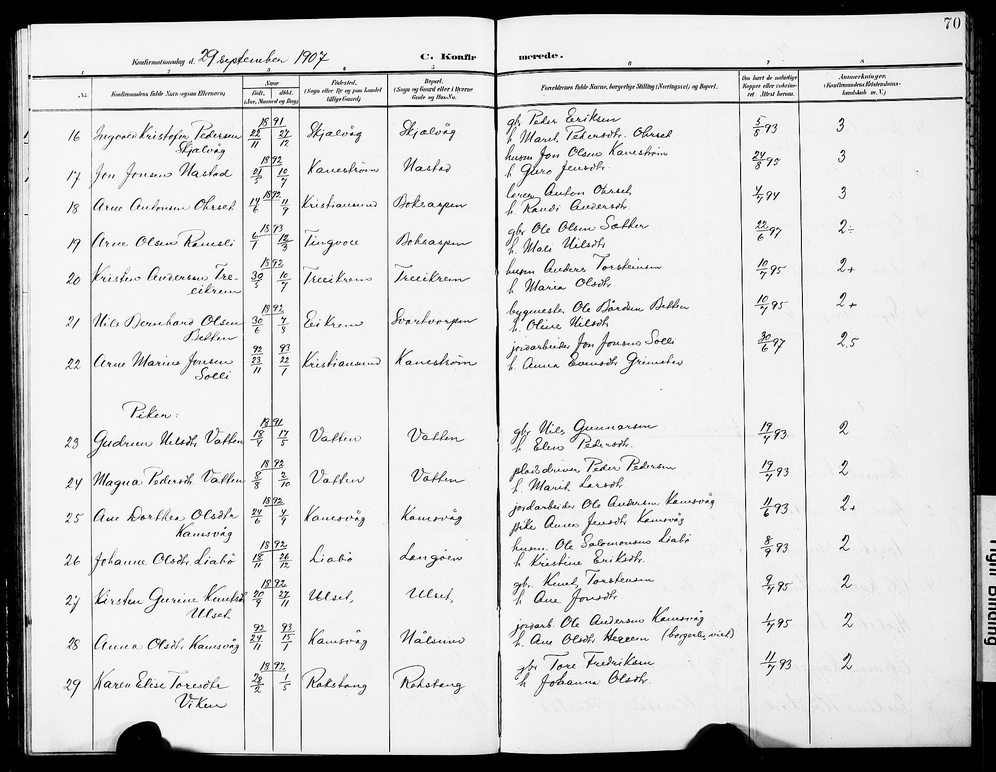 Ministerialprotokoller, klokkerbøker og fødselsregistre - Møre og Romsdal, AV/SAT-A-1454/587/L1001: Parish register (copy) no. 587C01, 1906-1927, p. 70