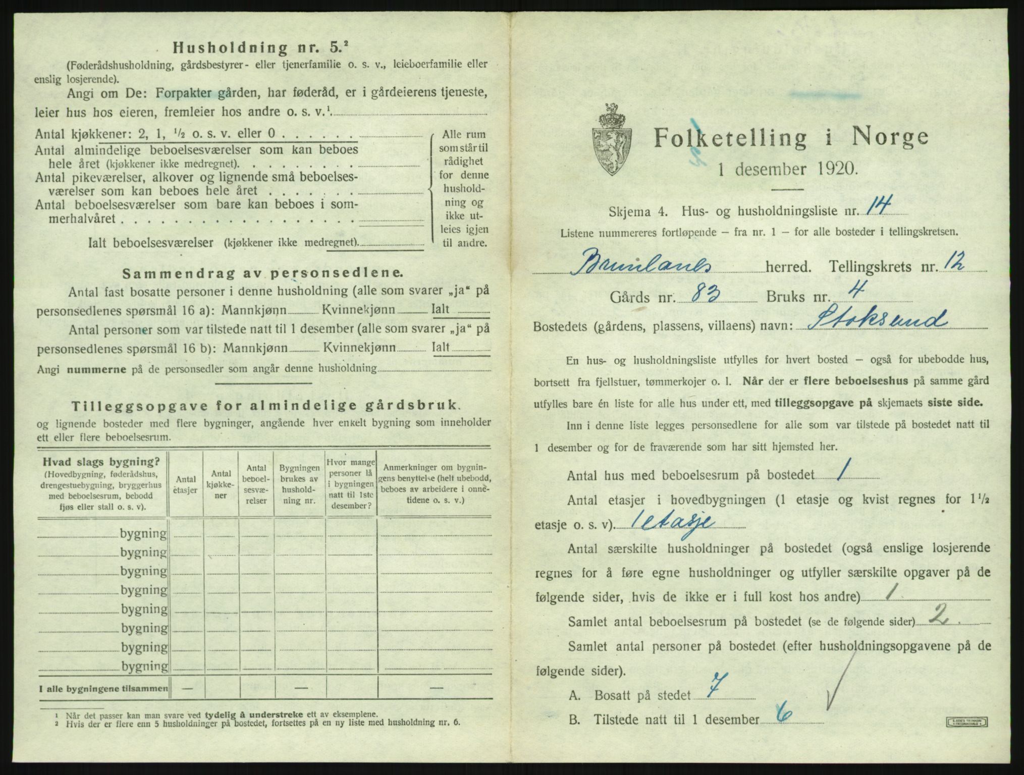 SAKO, 1920 census for Brunlanes, 1920, p. 1723