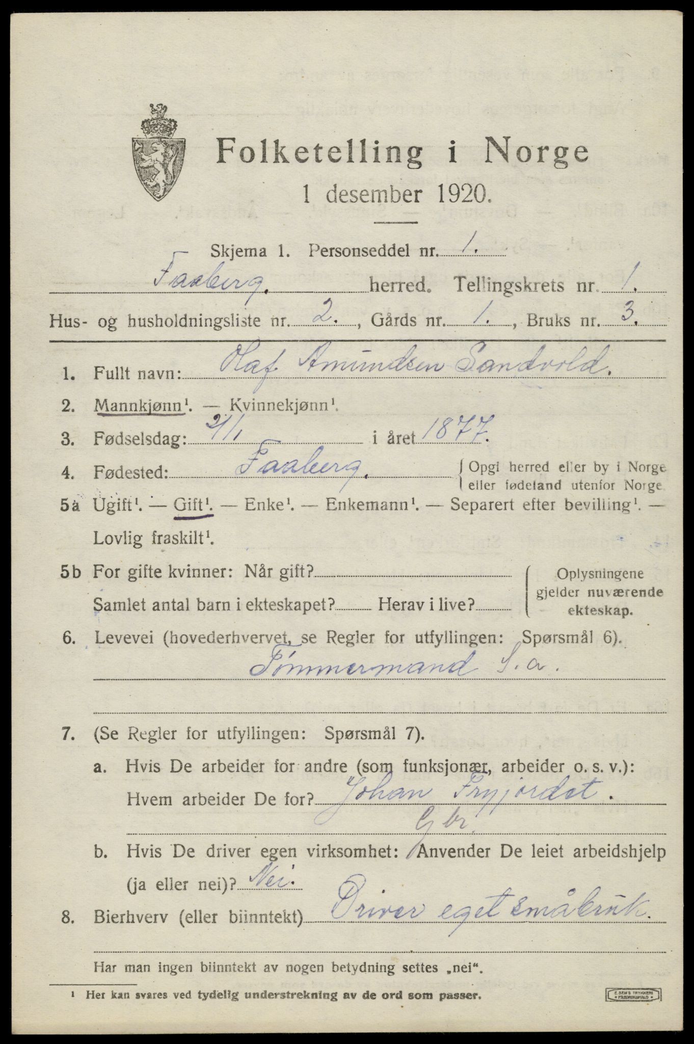 SAH, 1920 census for Fåberg, 1920, p. 2244