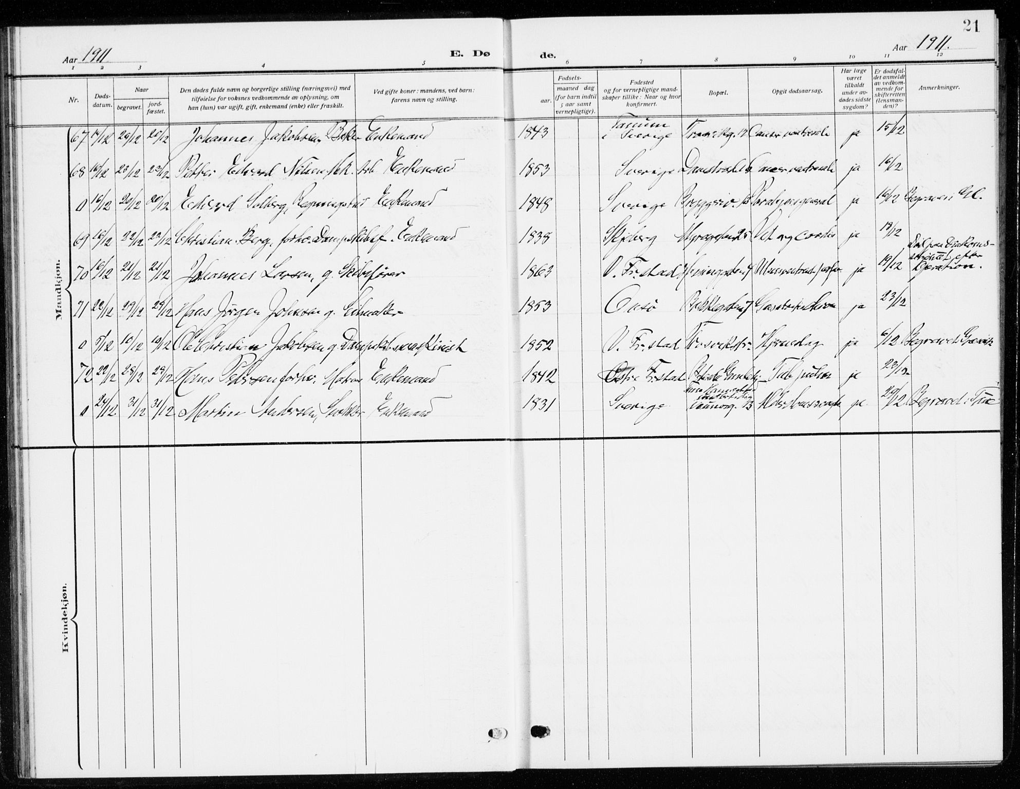 Fredrikstad domkirkes prestekontor Kirkebøker, SAO/A-10906/G/Ga/L0004: Parish register (copy) no. 4, 1910-1944, p. 21