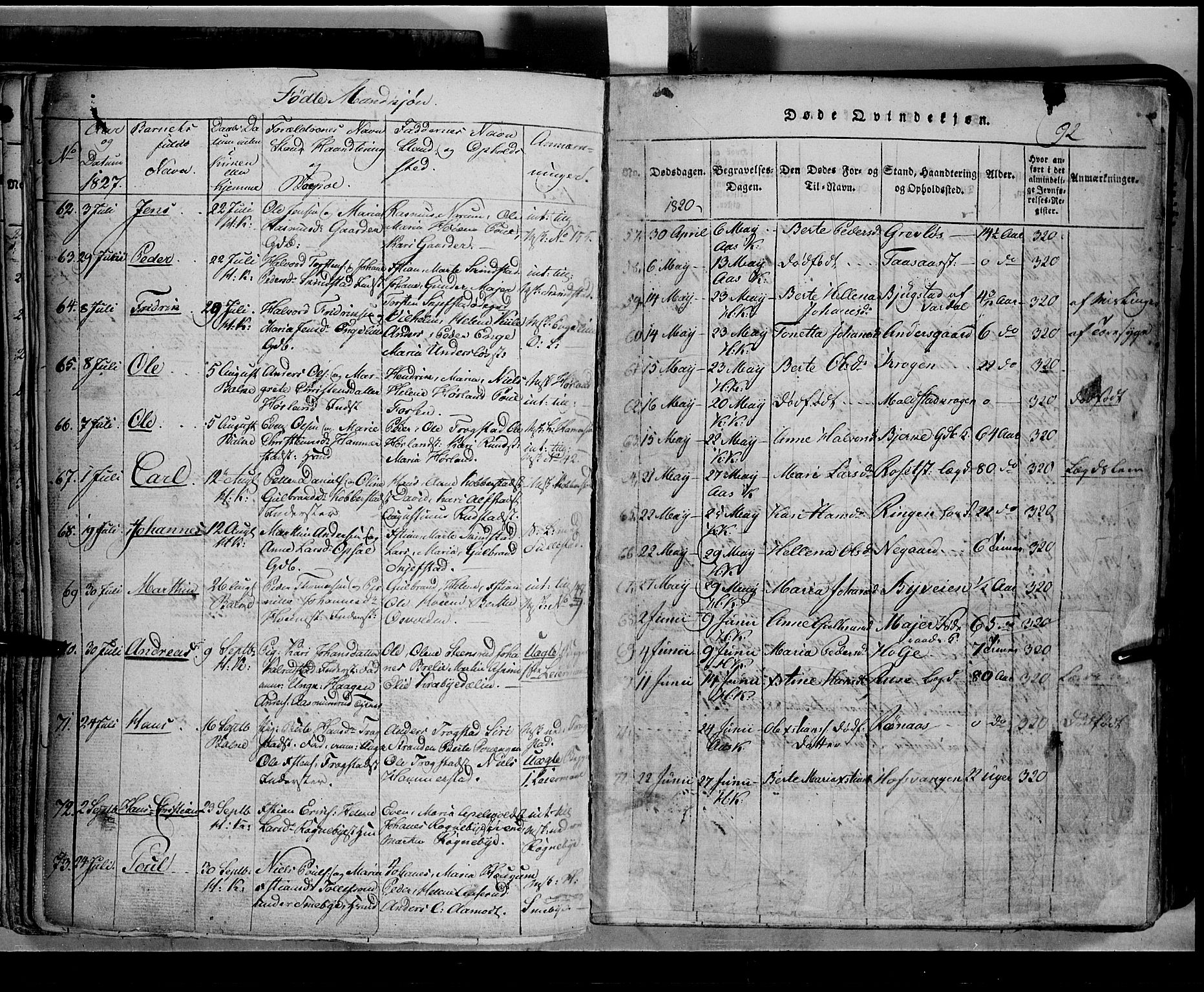 Toten prestekontor, SAH/PREST-102/H/Ha/Hab/L0002: Parish register (copy) no. 2, 1820-1827, p. 92b