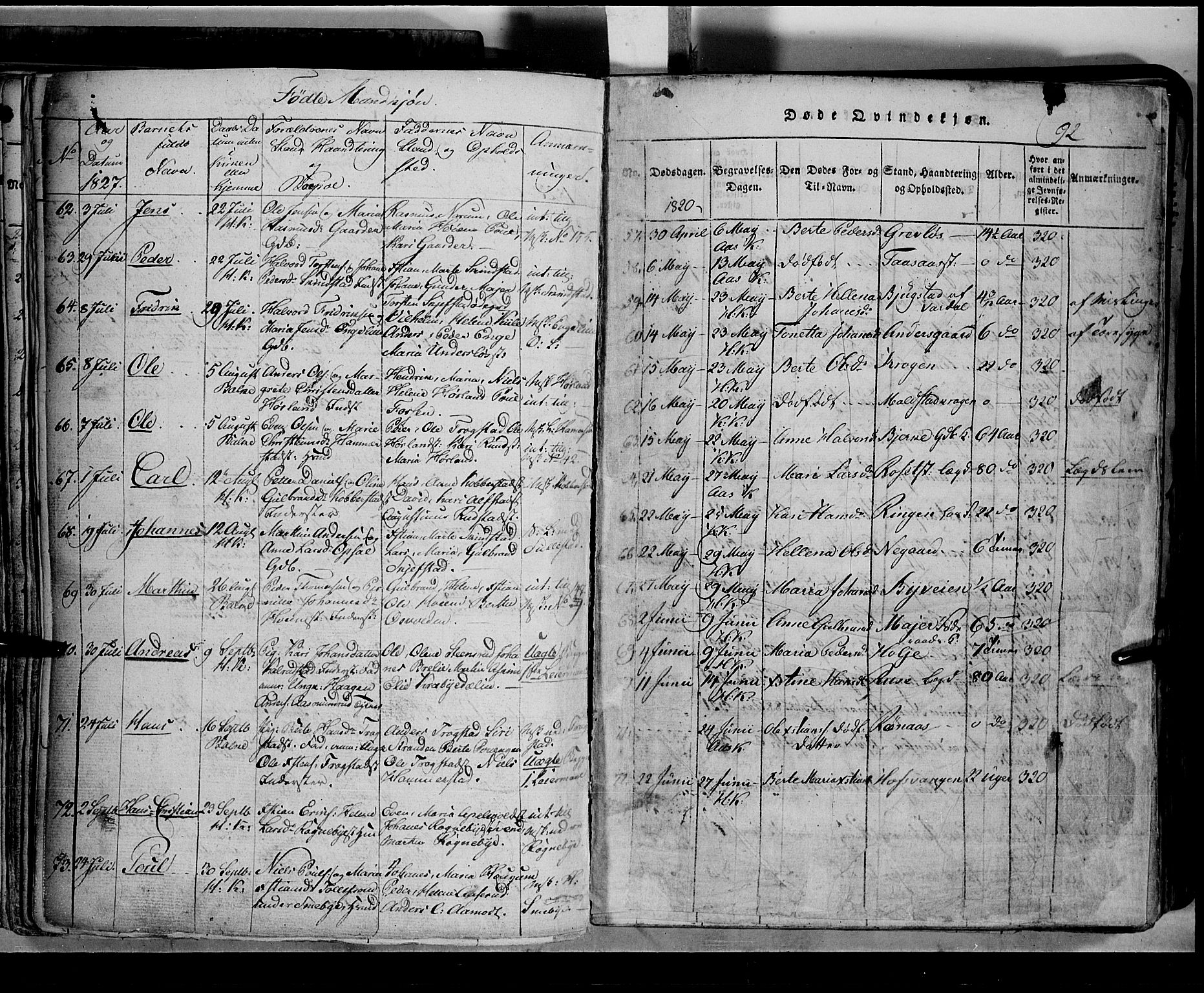 Toten prestekontor, AV/SAH-PREST-102/H/Ha/Hab/L0002: Parish register (copy) no. 2, 1820-1827, p. 92b