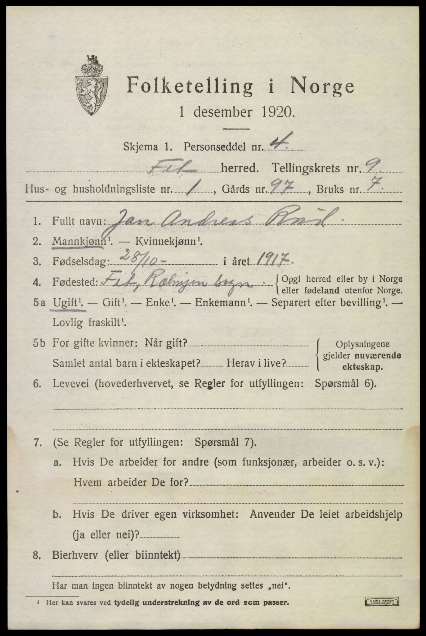 SAO, 1920 census for Fet, 1920, p. 9482