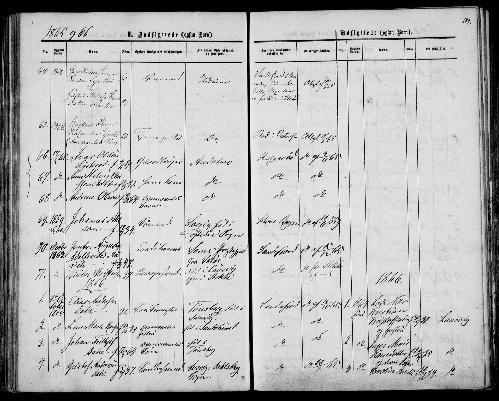 Sandar kirkebøker, SAKO/A-243/F/Fa/L0009: Parish register (official) no. 9, 1862-1871, p. 189