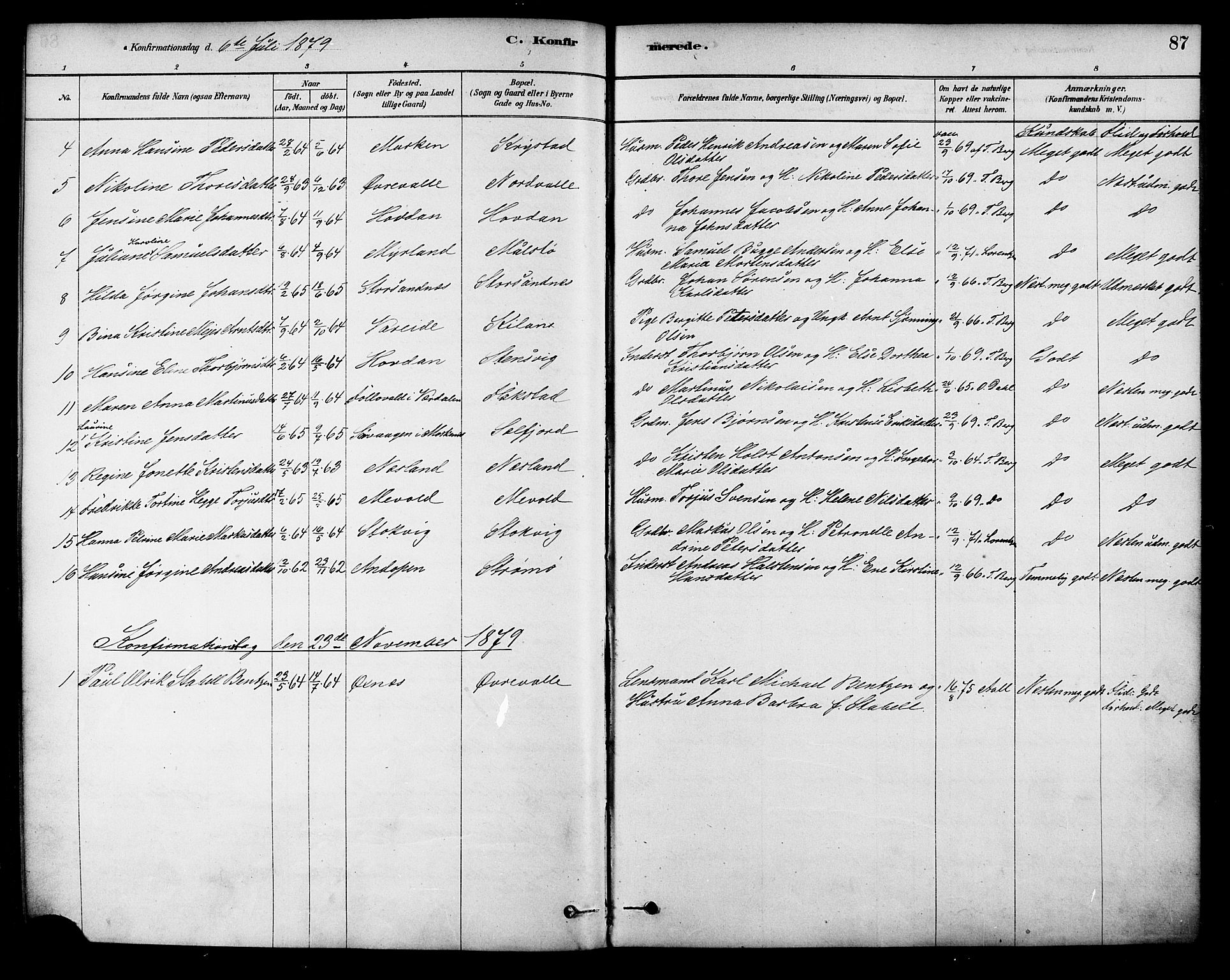 Ministerialprotokoller, klokkerbøker og fødselsregistre - Nordland, AV/SAT-A-1459/885/L1204: Parish register (official) no. 885A05, 1878-1892, p. 87