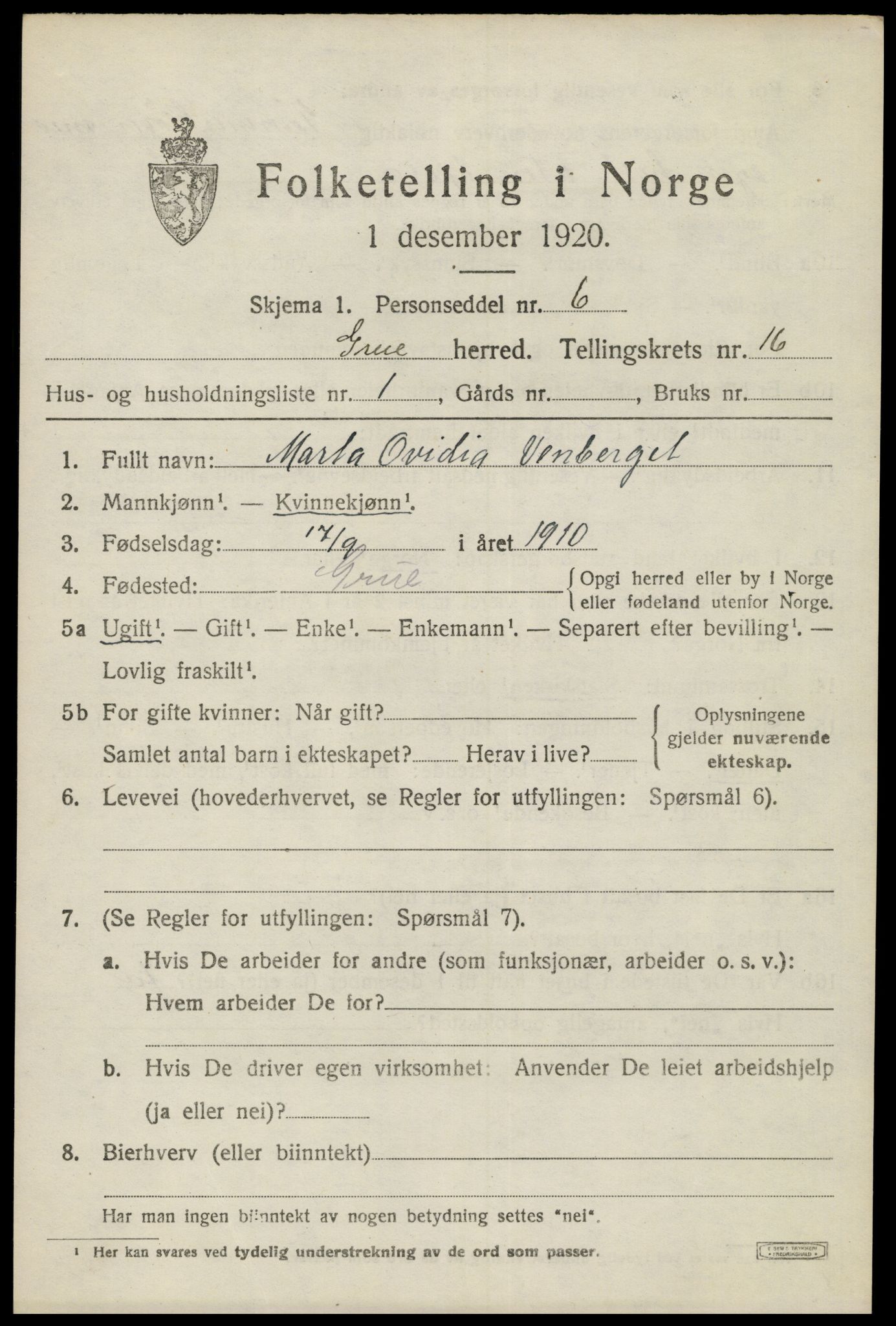 SAH, 1920 census for Grue, 1920, p. 13489