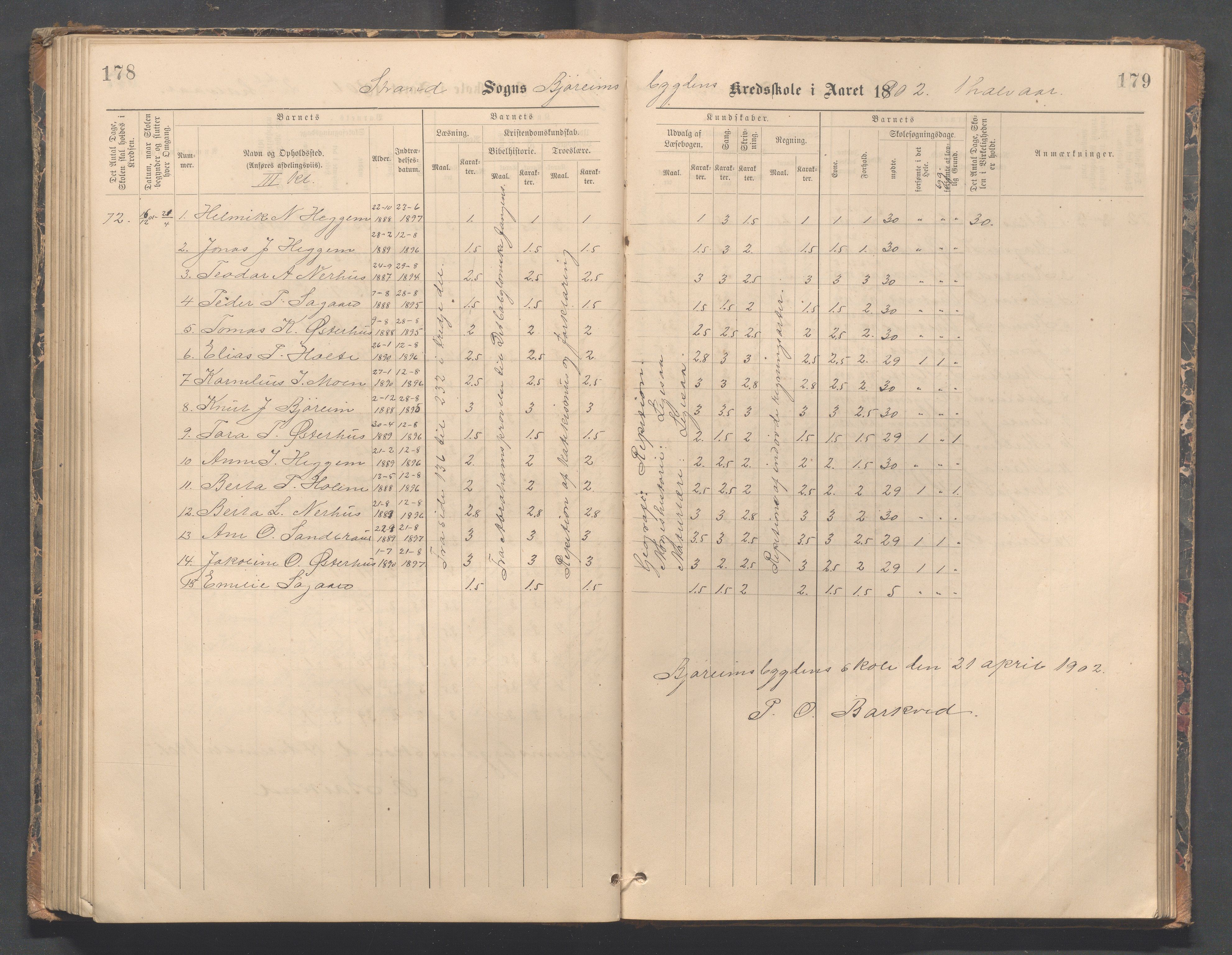 Strand kommune - Bjørheimsbygd skole, IKAR/A-147/H/L0002: Skoleprotokoll for Bjørheimsbygd og Lekvam krets, 1891-1907, p. 178-179