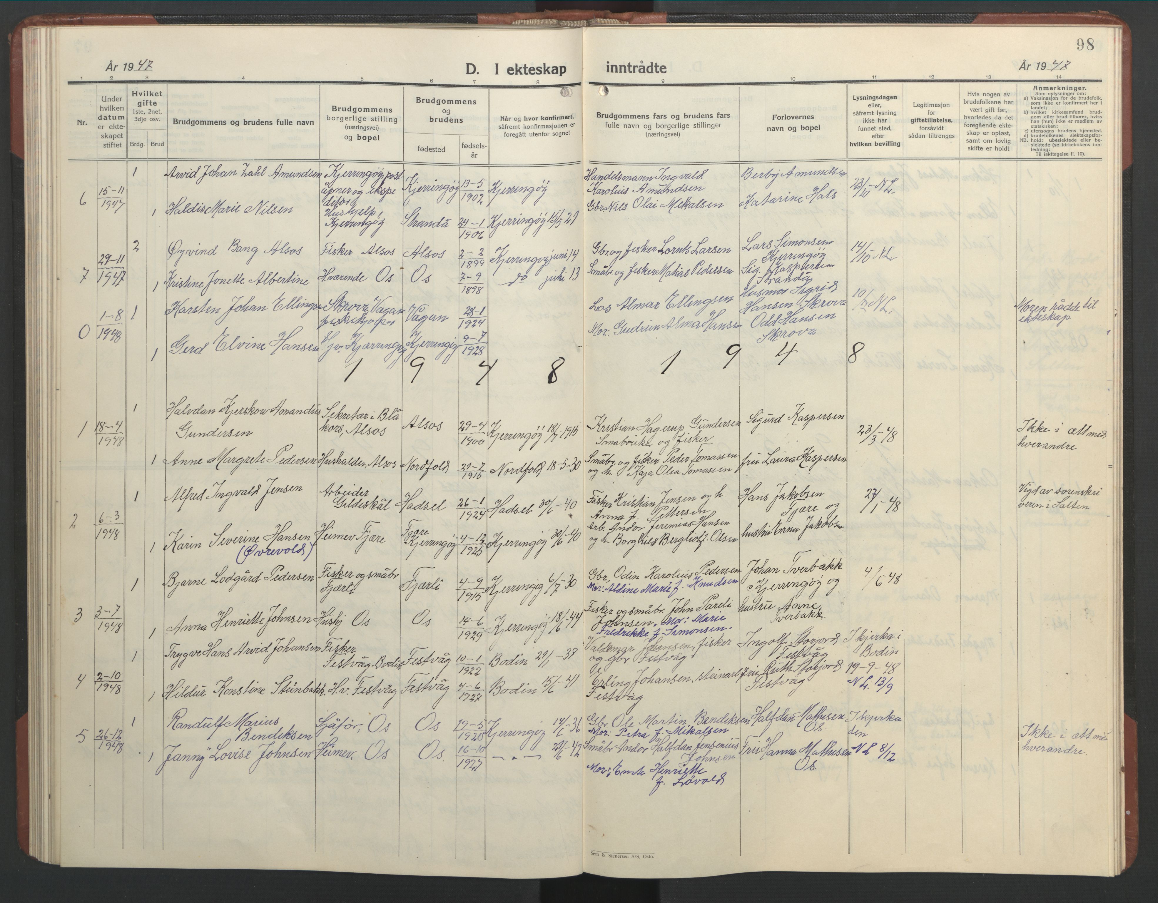 Ministerialprotokoller, klokkerbøker og fødselsregistre - Nordland, AV/SAT-A-1459/803/L0078: Parish register (copy) no. 803C05, 1931-1952, p. 98
