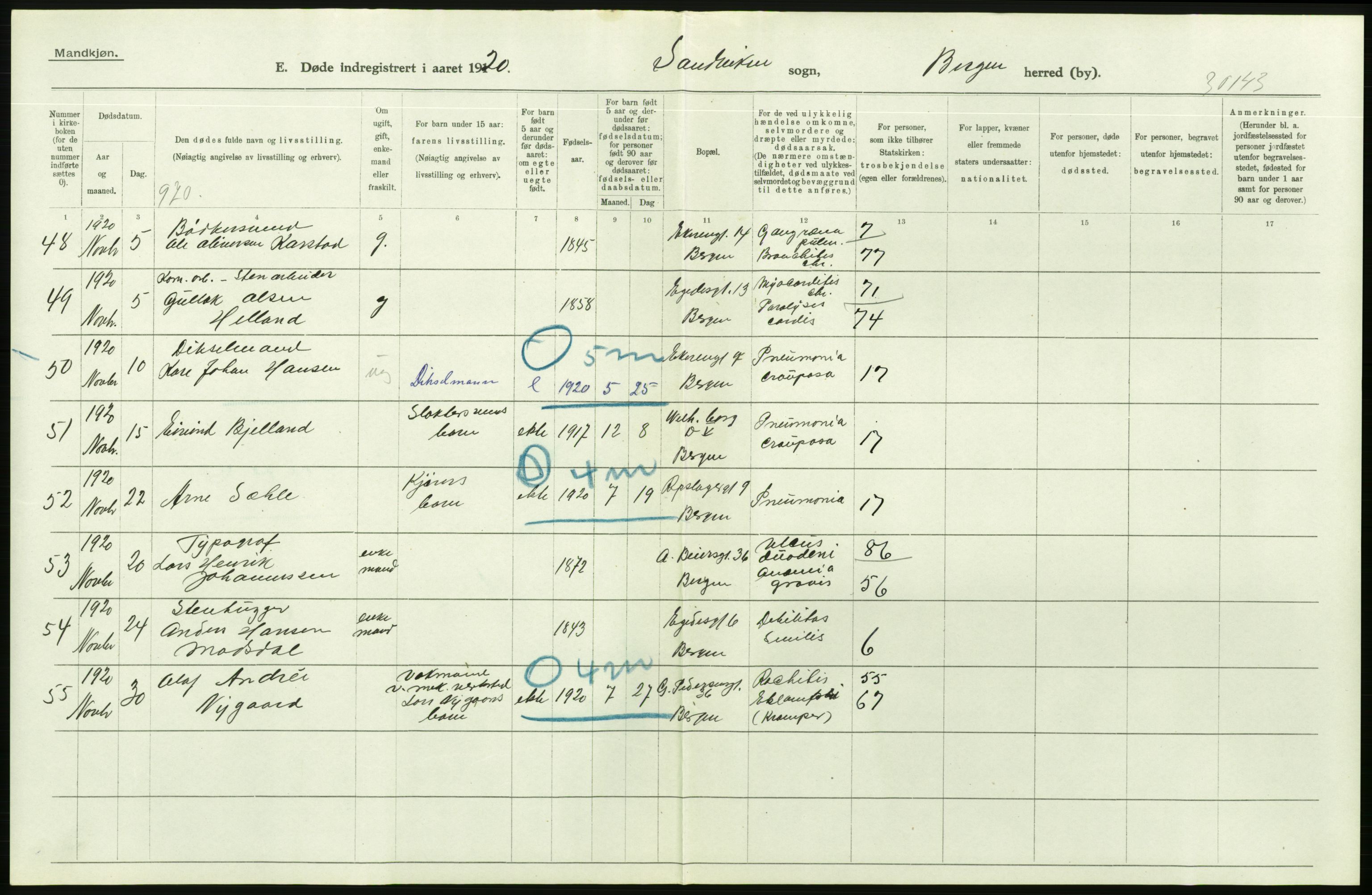 Statistisk sentralbyrå, Sosiodemografiske emner, Befolkning, AV/RA-S-2228/D/Df/Dfb/Dfbj/L0042: Bergen: Gifte, døde, dødfødte., 1920, p. 454