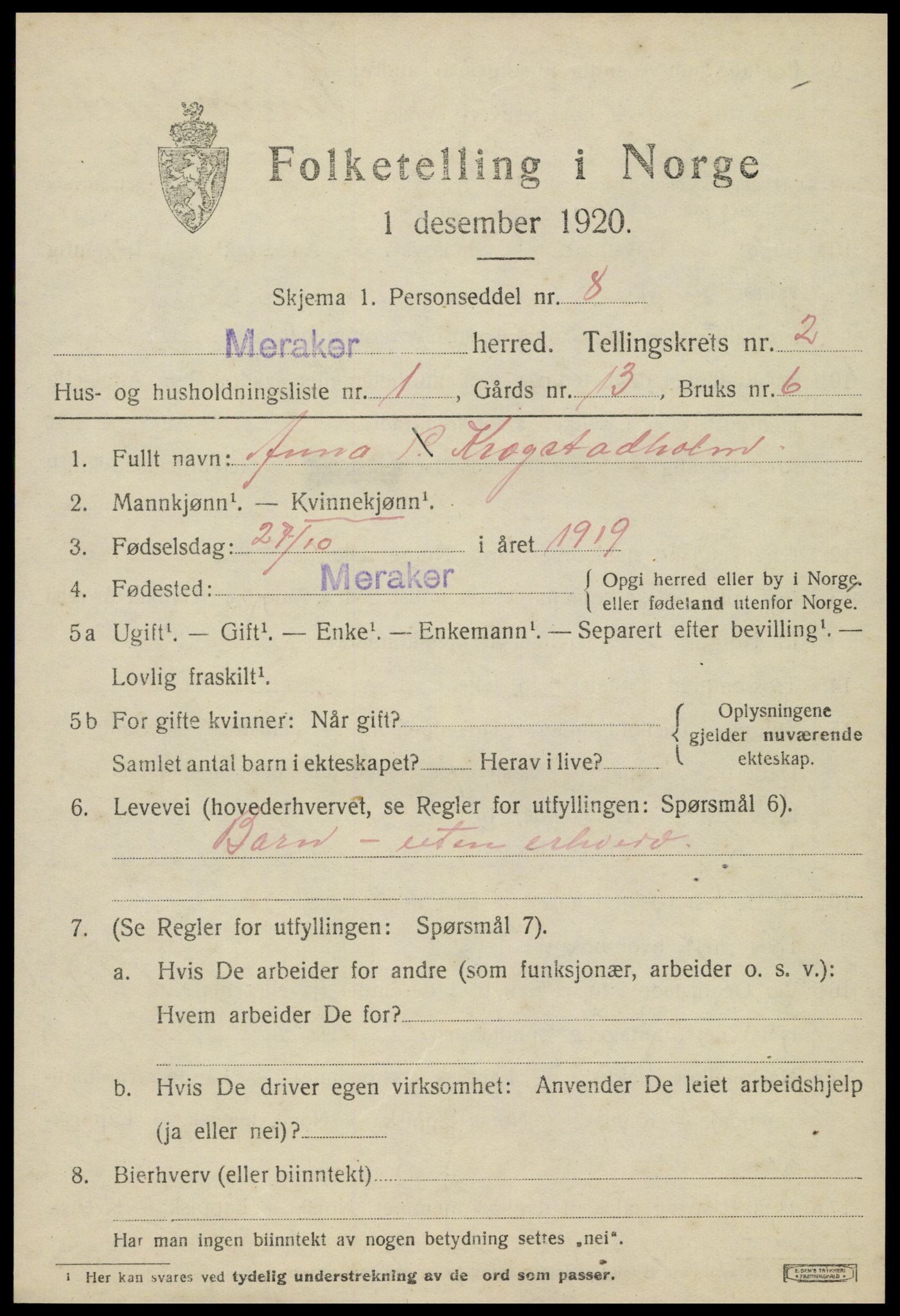 SAT, 1920 census for Meråker, 1920, p. 1748