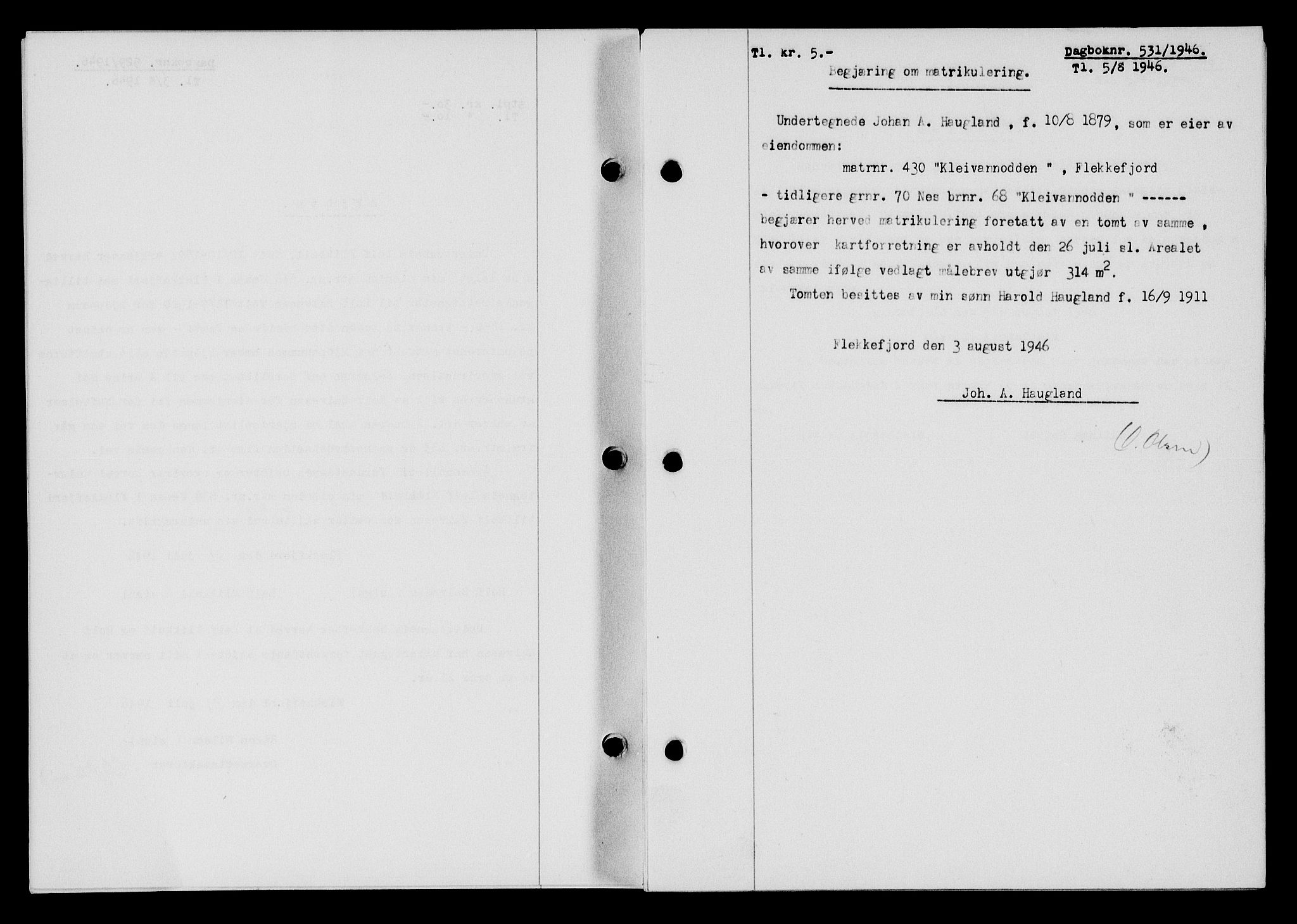 Flekkefjord sorenskriveri, SAK/1221-0001/G/Gb/Gba/L0060: Mortgage book no. A-8, 1945-1946, Diary no: : 531/1946