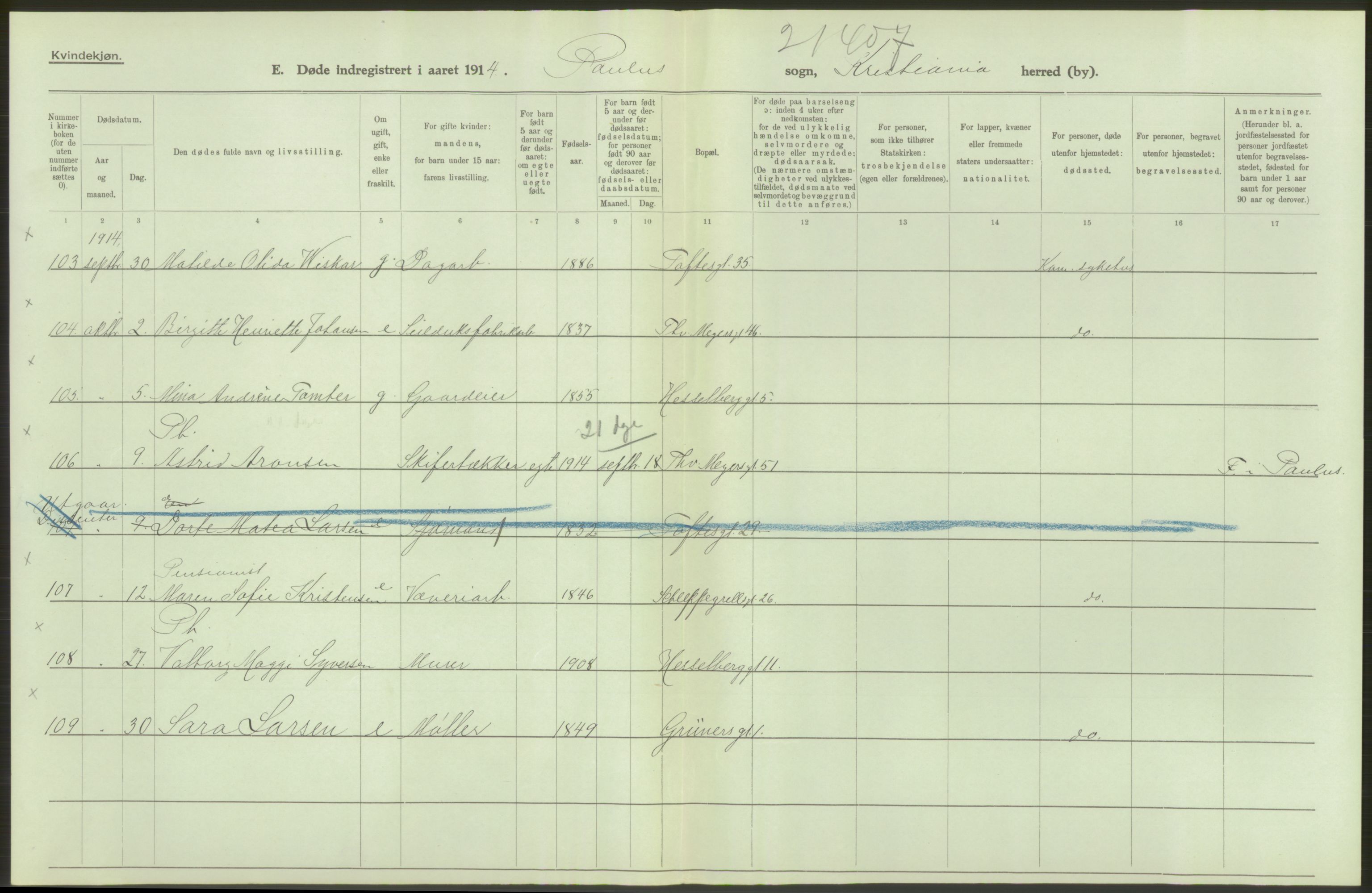 Statistisk sentralbyrå, Sosiodemografiske emner, Befolkning, AV/RA-S-2228/D/Df/Dfb/Dfbd/L0008: Kristiania: Døde, 1914, p. 288