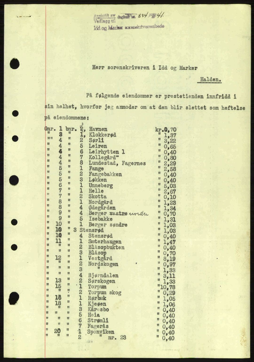 Idd og Marker sorenskriveri, AV/SAO-A-10283/G/Gb/Gbc/L0002: Mortgage book no. B4-9a, 1939-1945, Diary no: : 834/1941