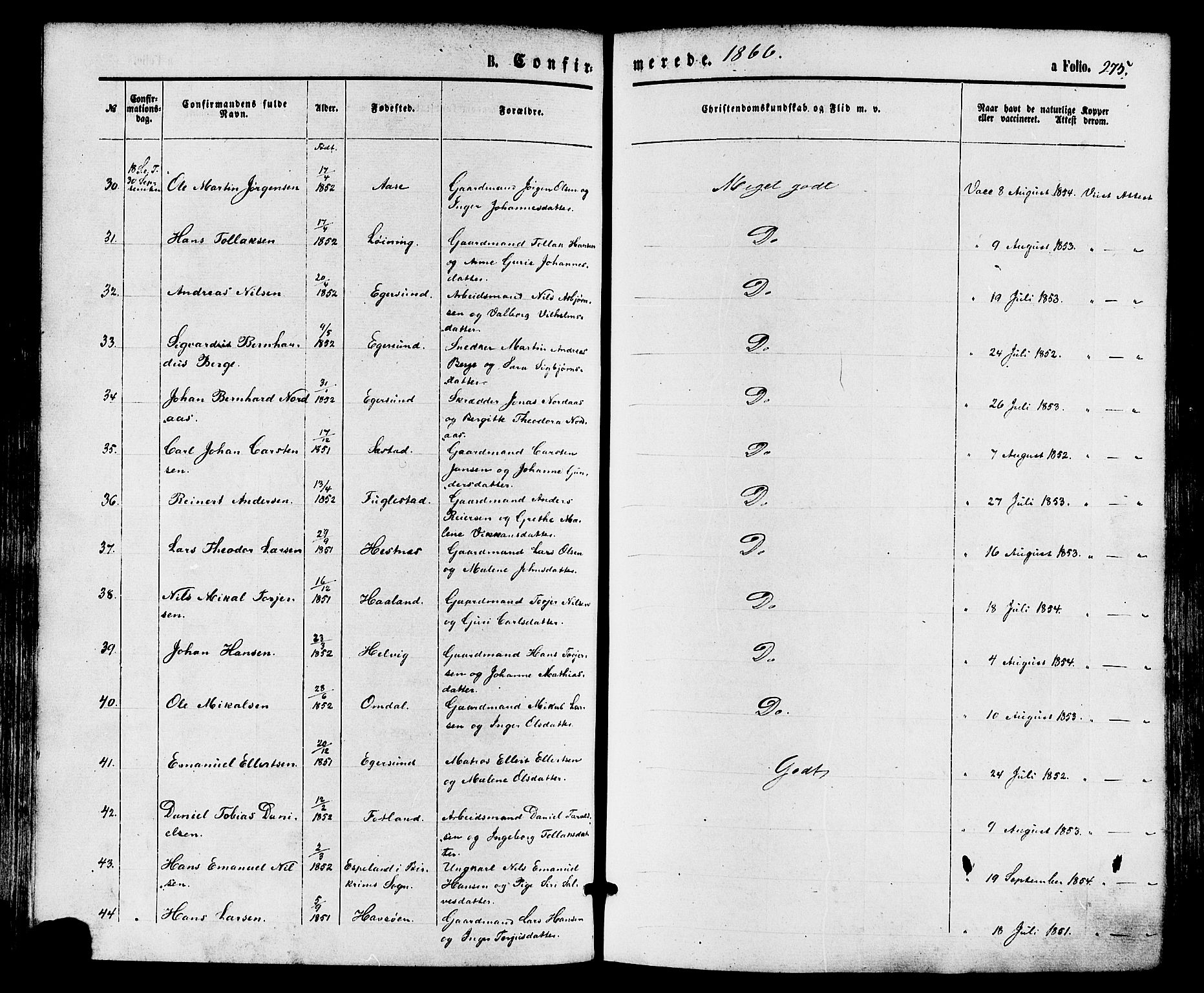 Eigersund sokneprestkontor, AV/SAST-A-101807/S08/L0014: Parish register (official) no. A 13, 1866-1878, p. 275