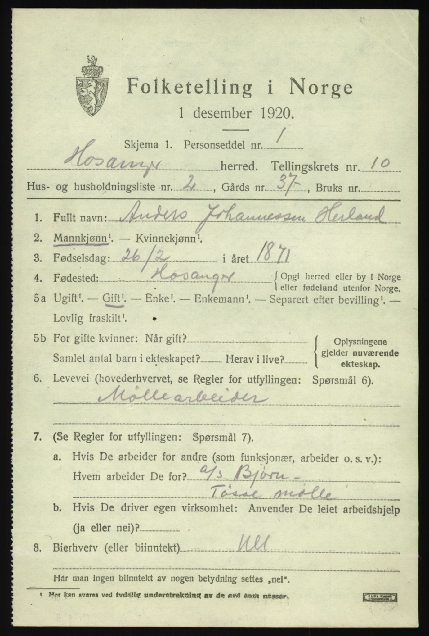 SAB, 1920 census for Hosanger, 1920, p. 4211